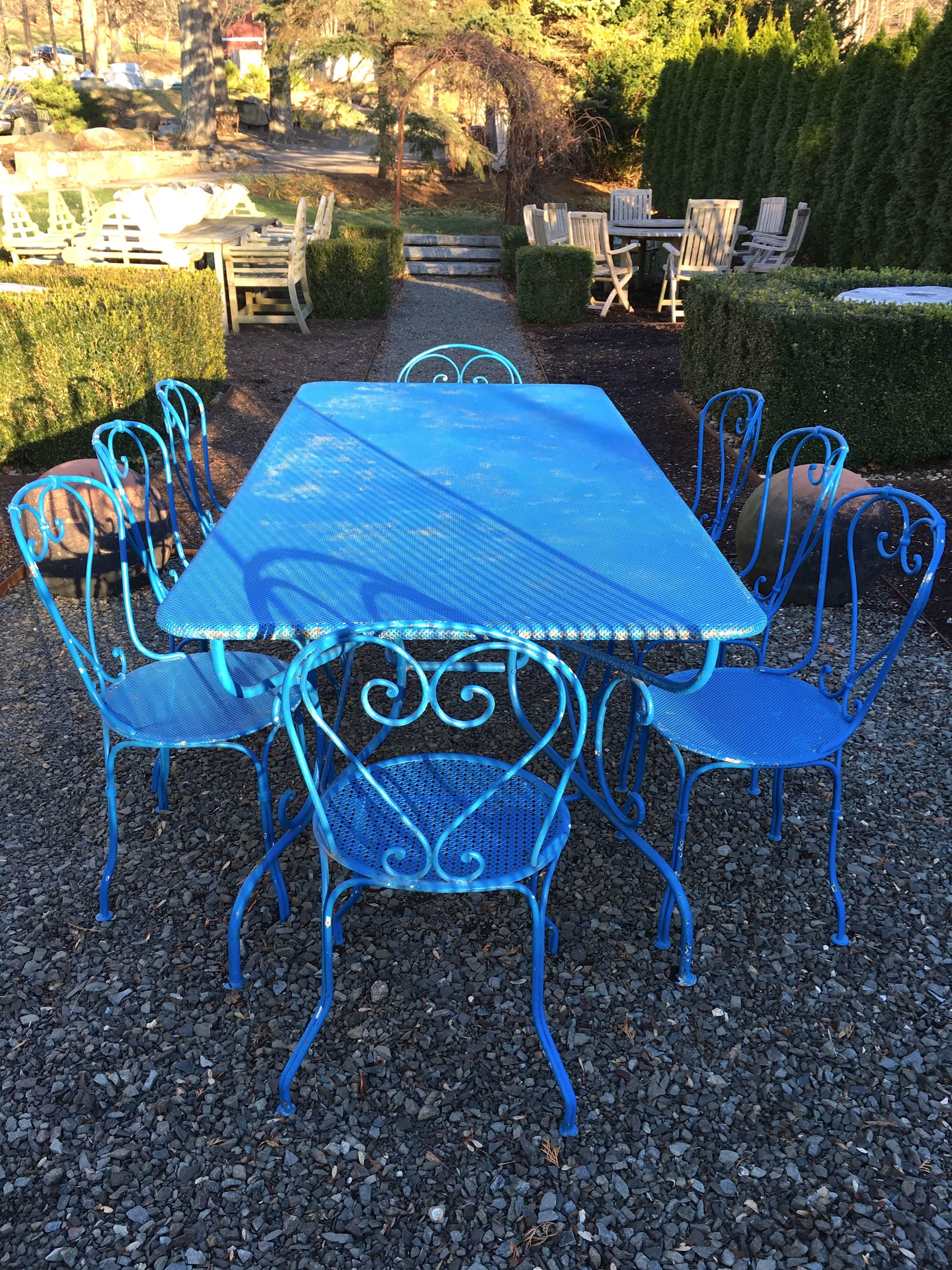 French Blue Wrought Iron Dining Suite for Eight In Excellent Condition In Woodbury, CT