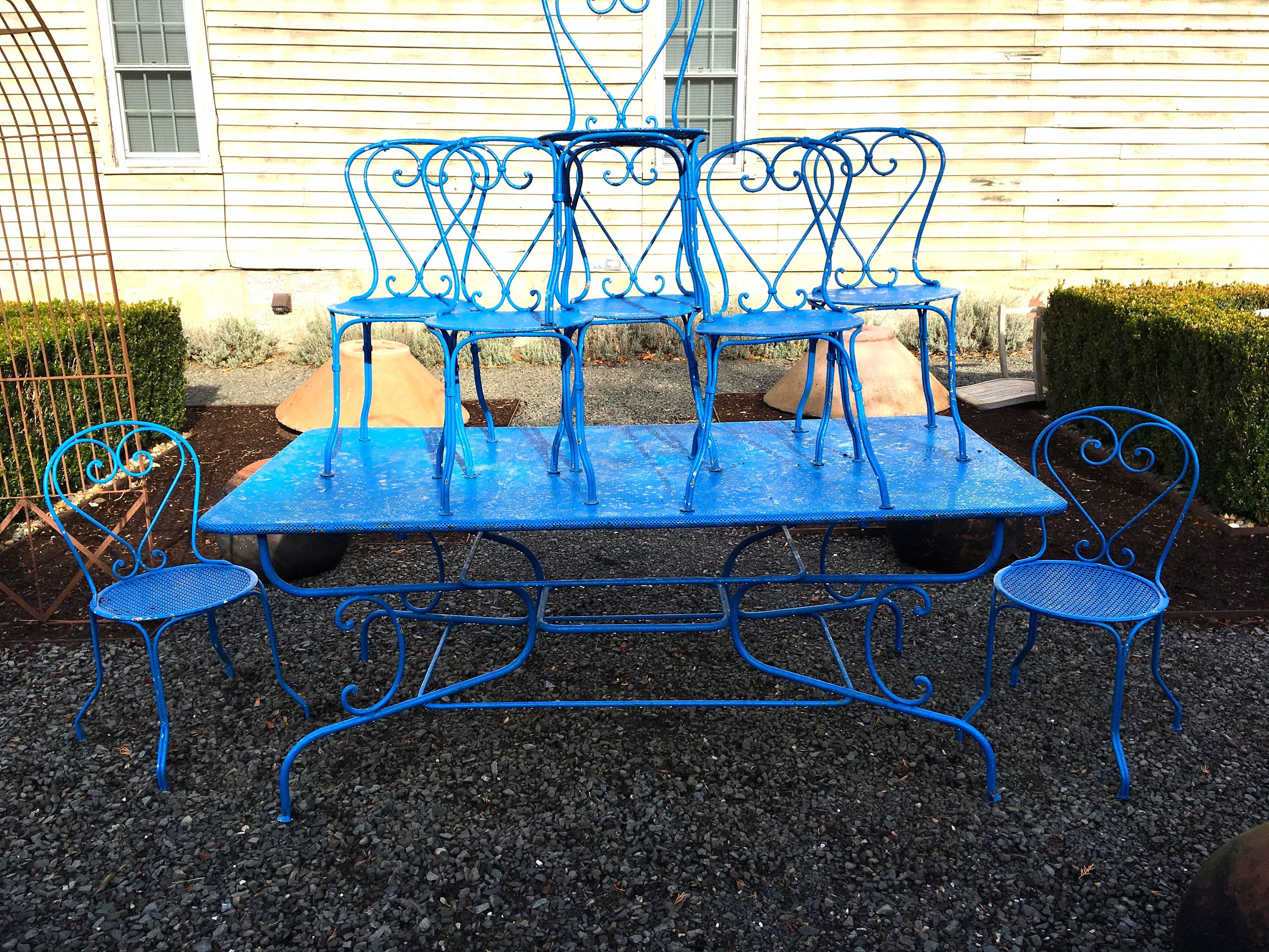 20th Century French Blue Wrought Iron Dining Suite for Eight