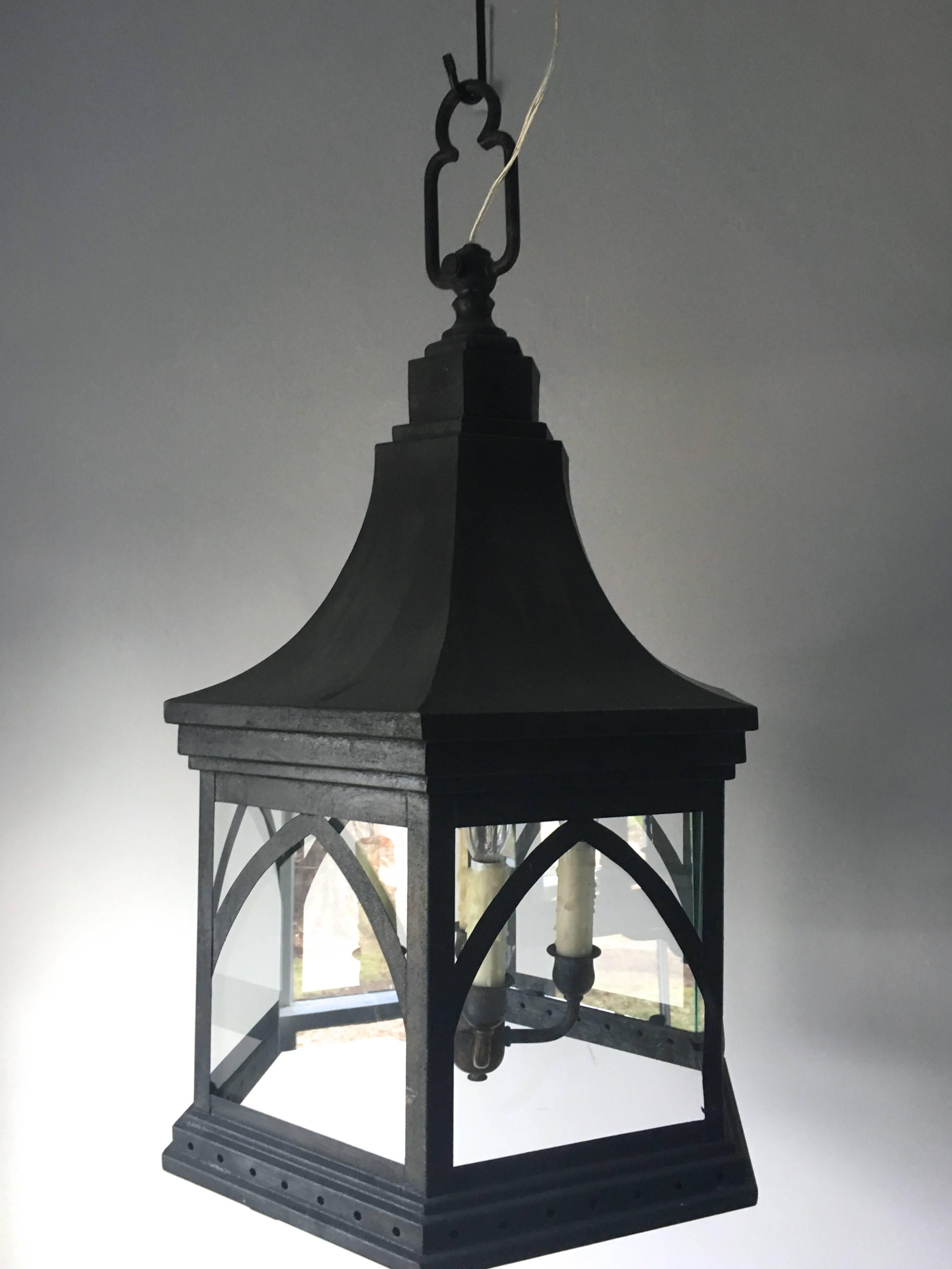 This pair of hexagonal steel lanterns is flat-out stunning and rare in form, the real deal, and out of a posh London flat. We have totally redone them, adding lighting clusters (each with four sockets; 300 watts max each lantern), new wiring, new