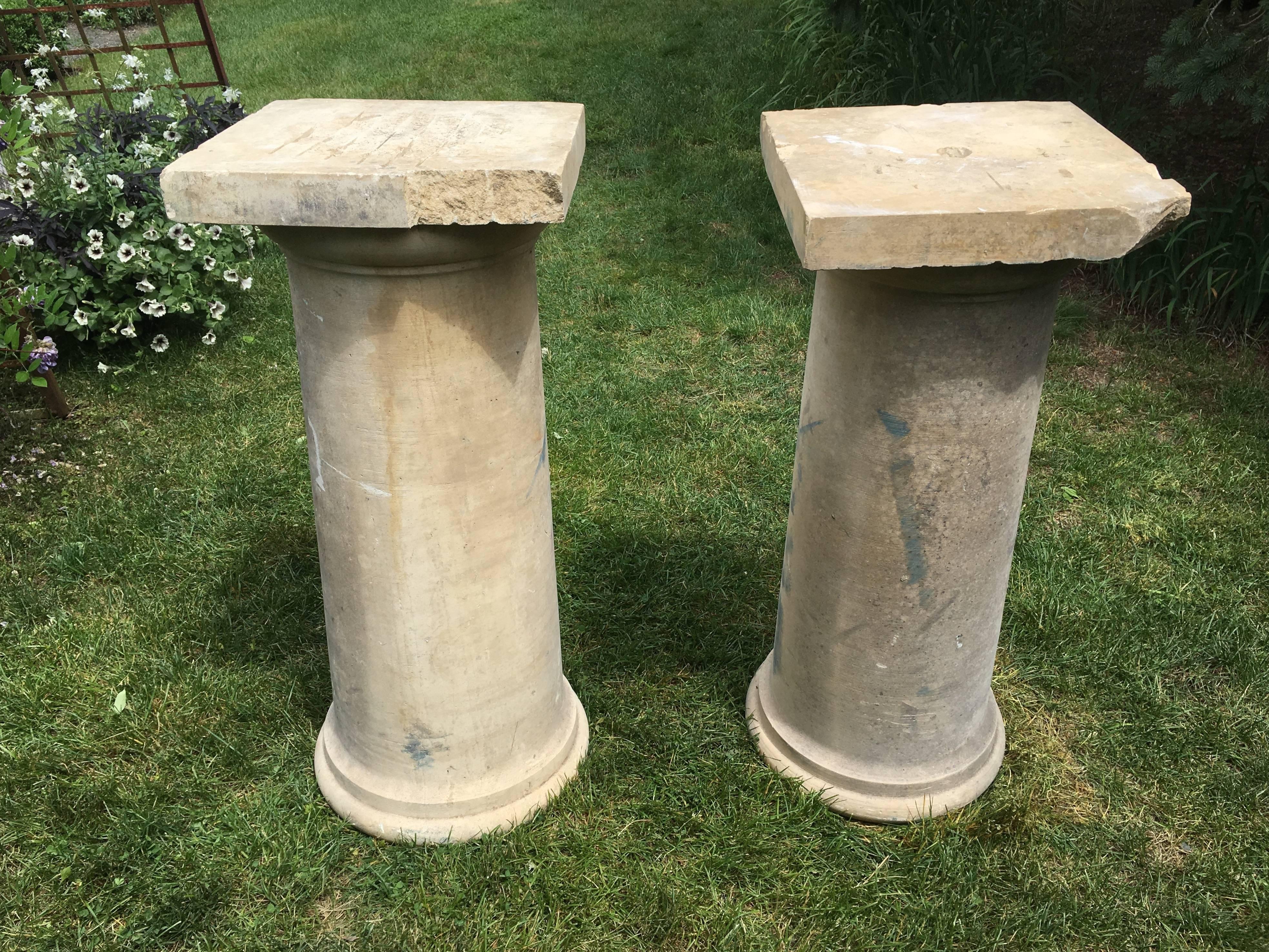 Hand-Carved Pair of Tall Carved Stone Pedestals or Columns, English, circa 1860
