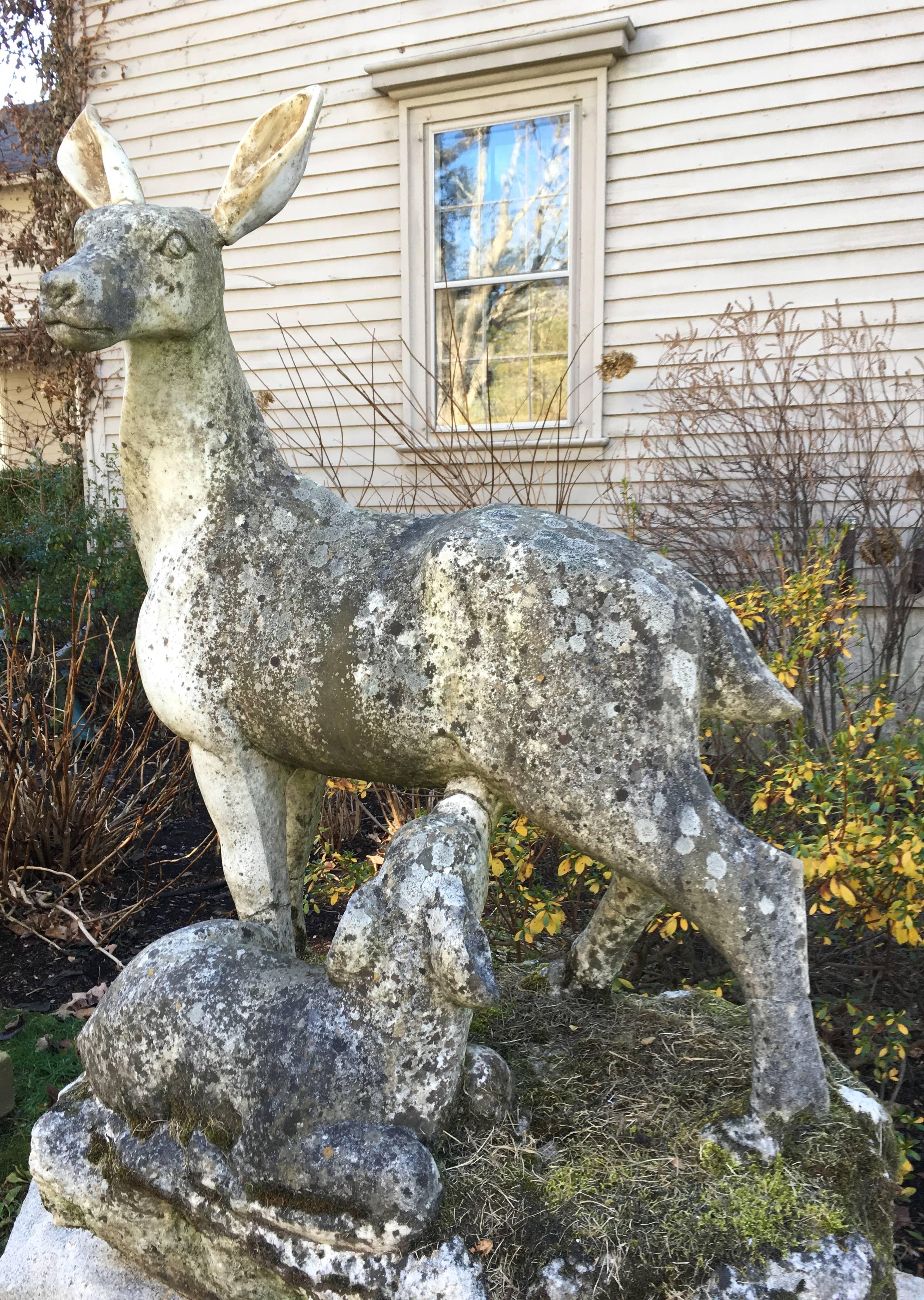 Early Victorian Marble Statue of Doe with Fawn on Boulder, English, circa 1850 For Sale