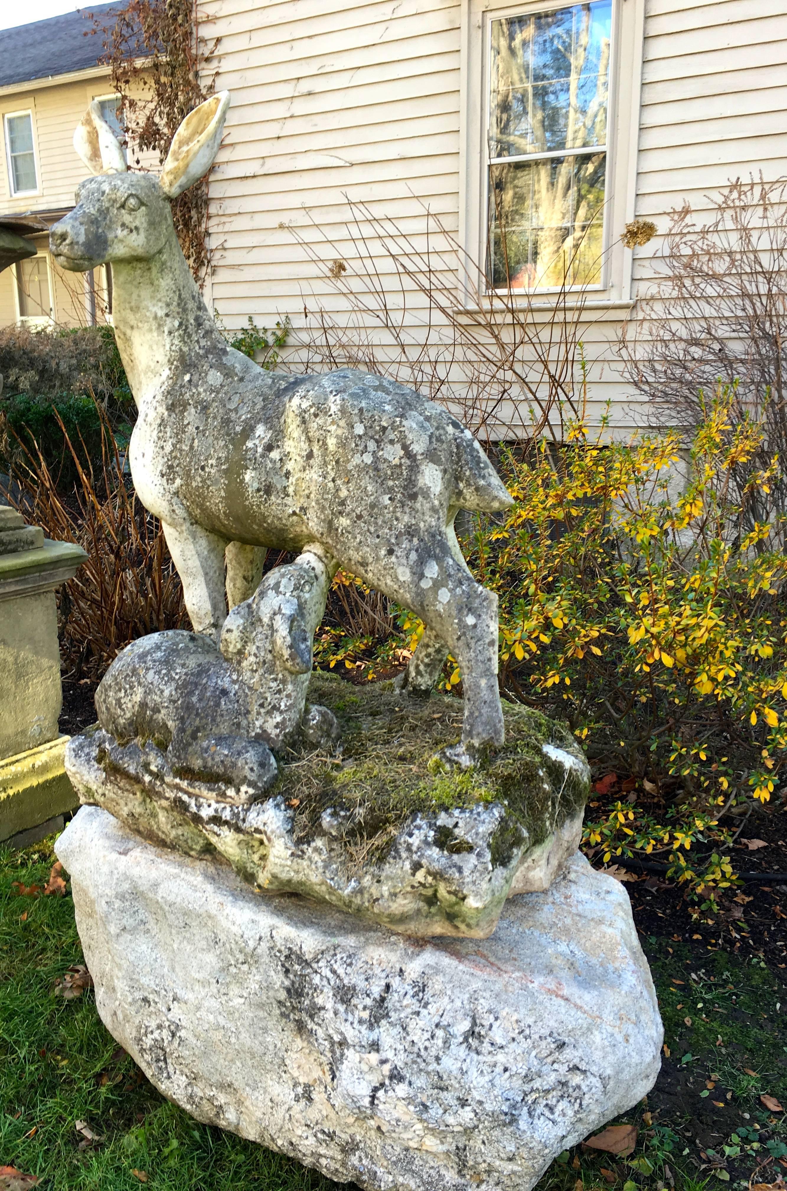 British Marble Statue of Doe with Fawn on Boulder, English, circa 1850 For Sale