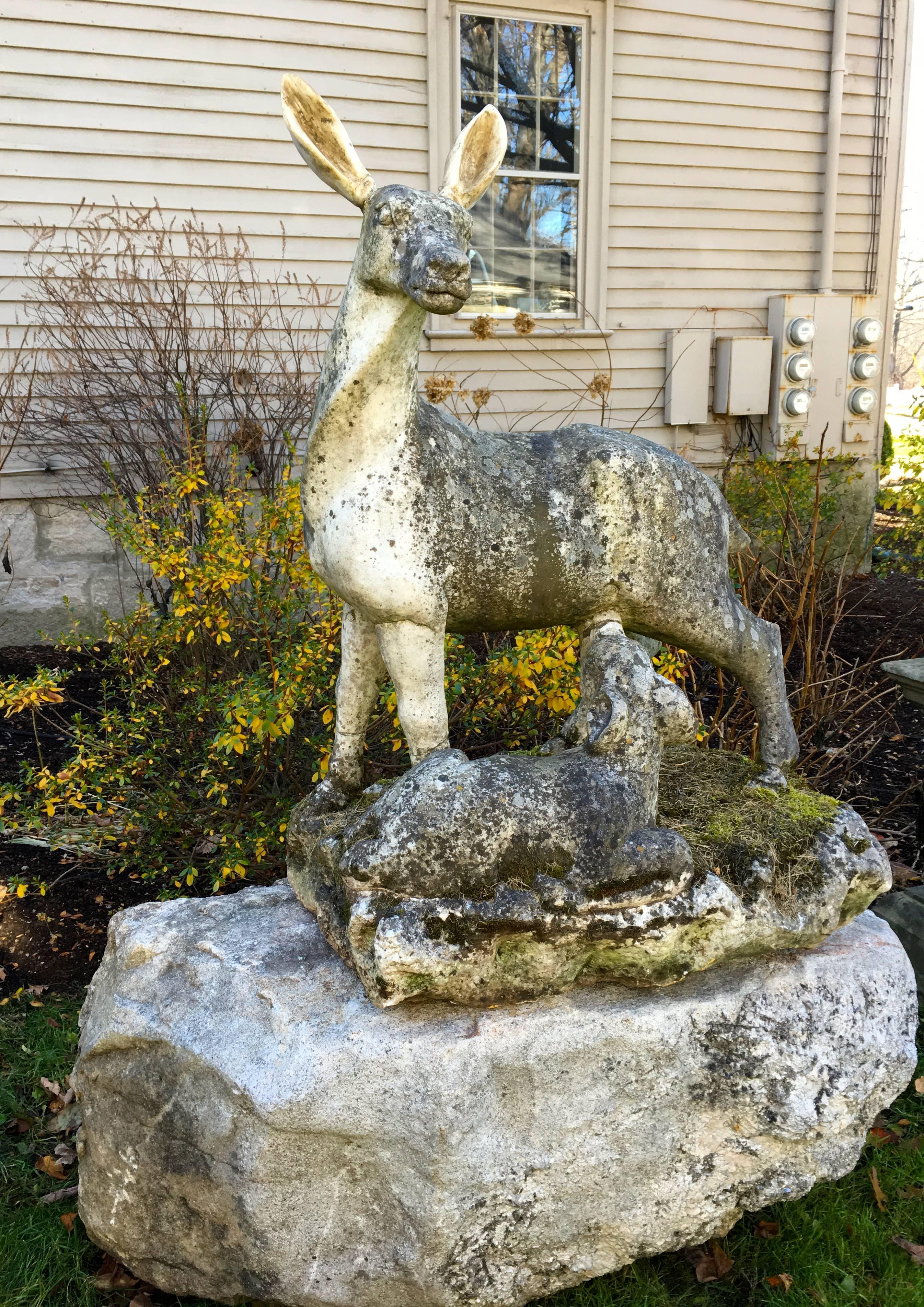 Hand-Carved Marble Statue of Doe with Fawn on Boulder, English, circa 1850 For Sale