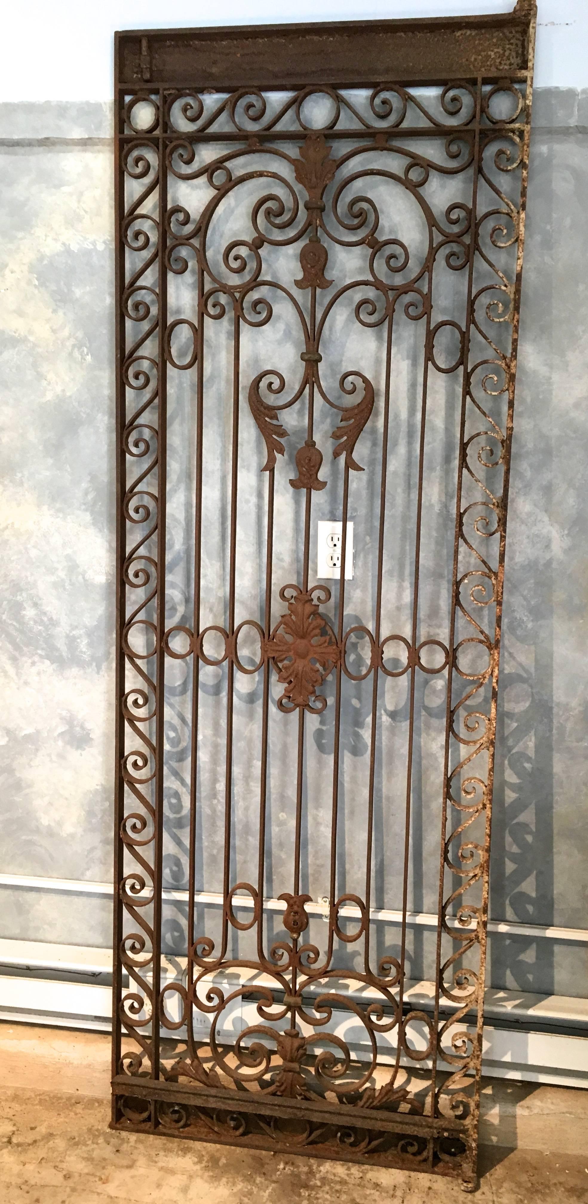 This stunning hand-wrought iron gate came from the Loire Valley and features a panoply of rococo curves, swirls and acanthus leaf decoration. In wonderful condition, the rusted surface is superficial and there are no worn-through parts, repairs, or