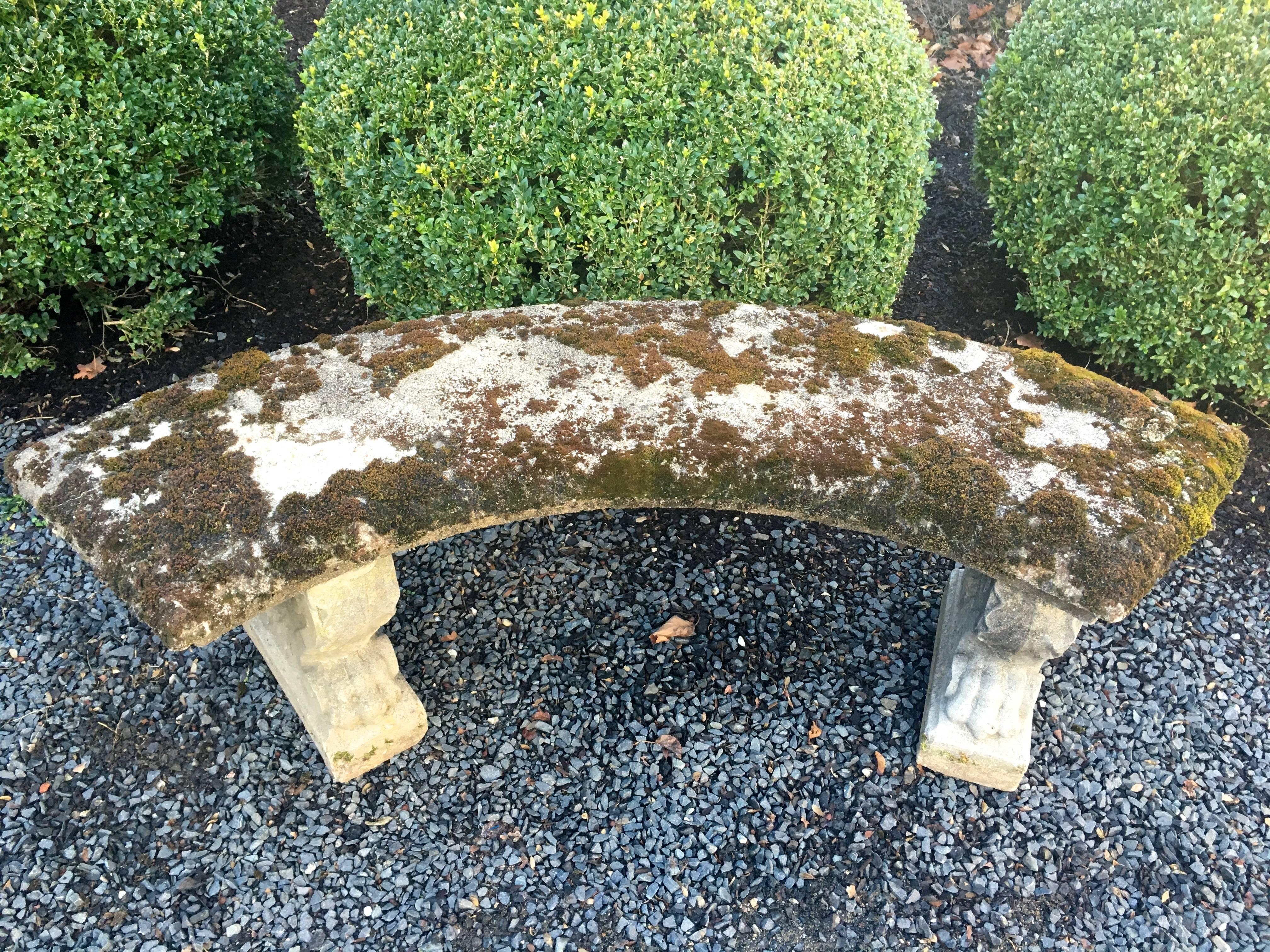 Neoclassical Mossy English Curved Cast Stone Bench