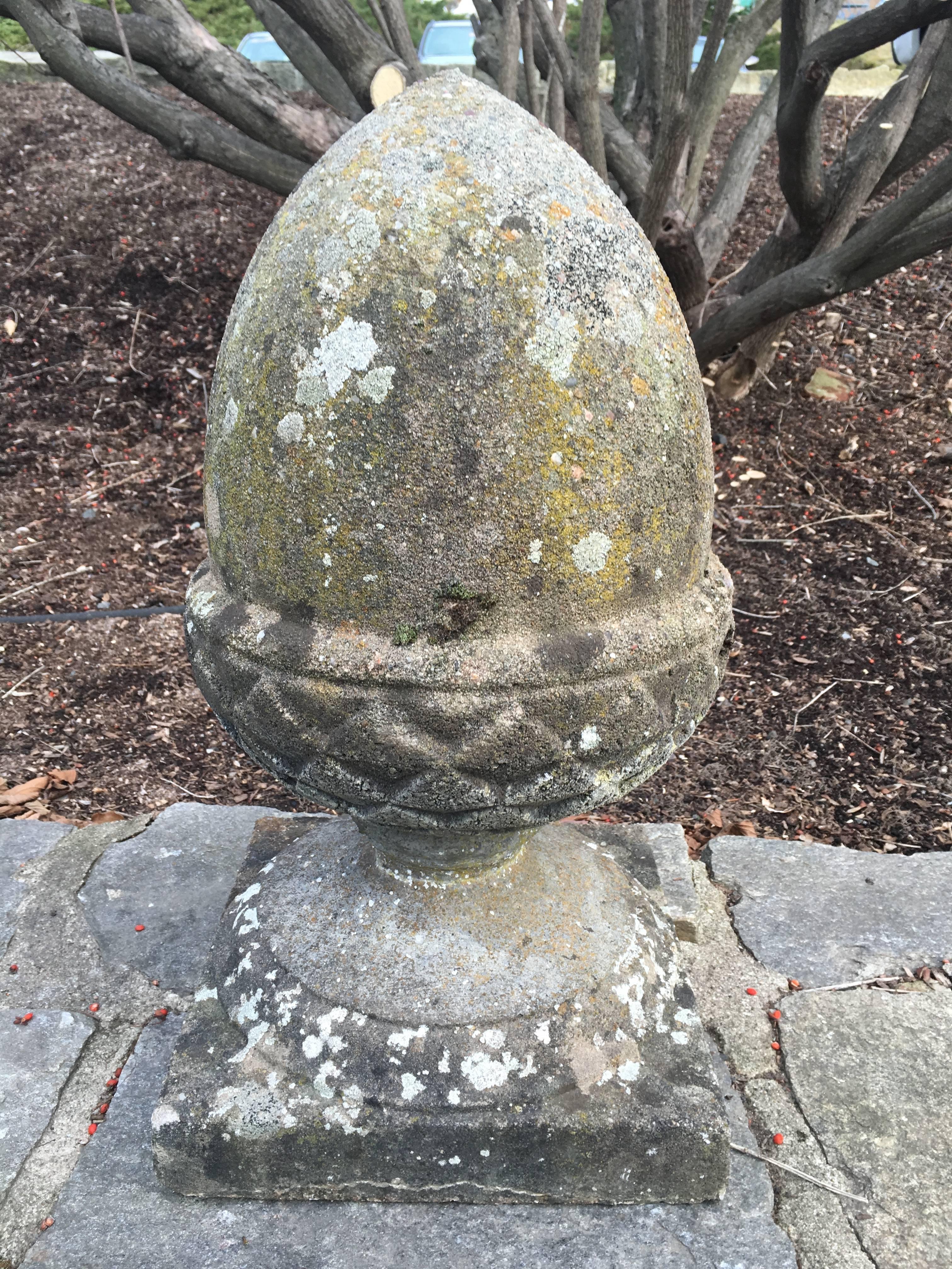20th Century Pair of Mossy English Cast Stone Acorn Finials