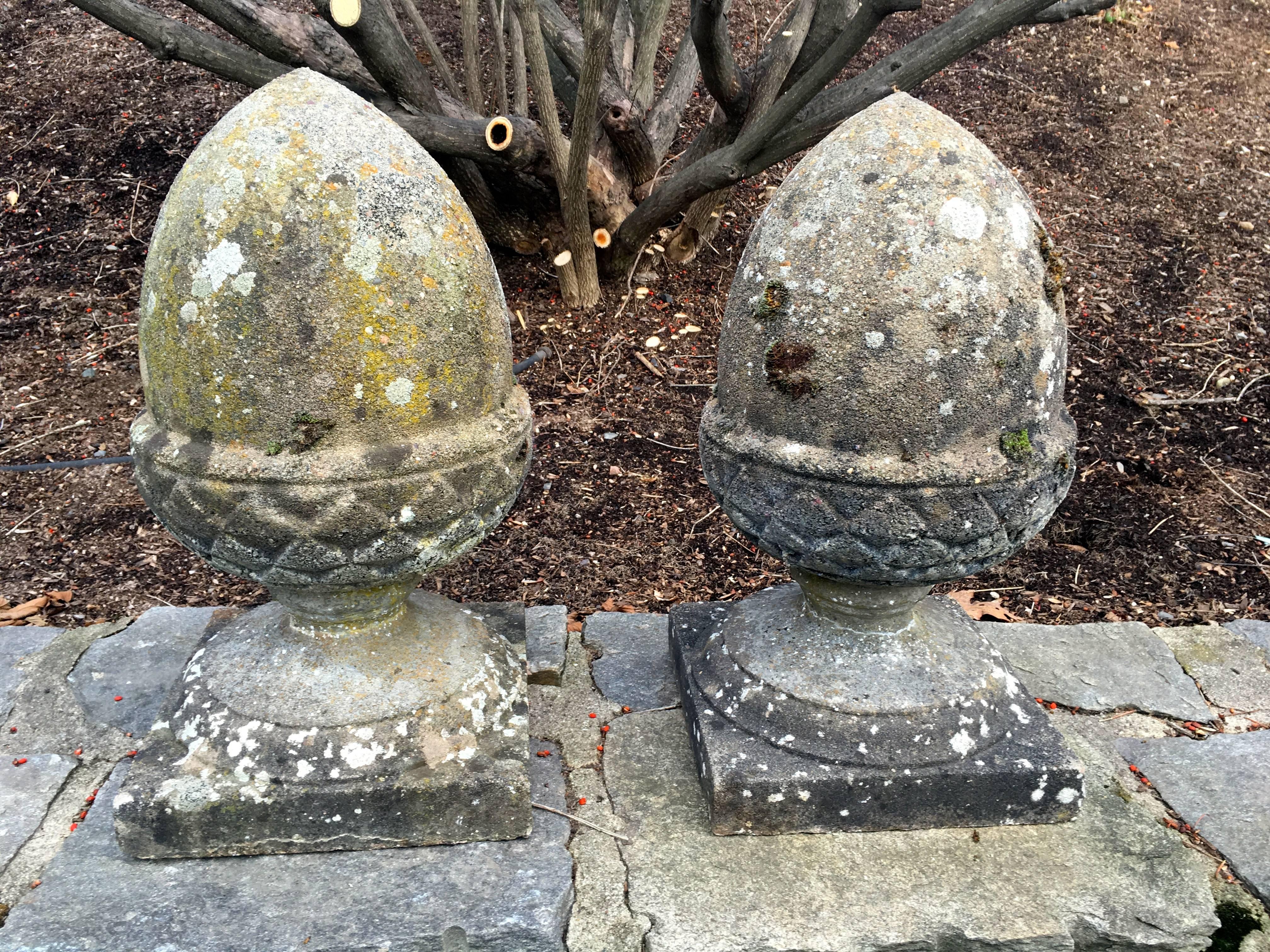 Edwardian Pair of Mossy English Cast Stone Acorn Finials