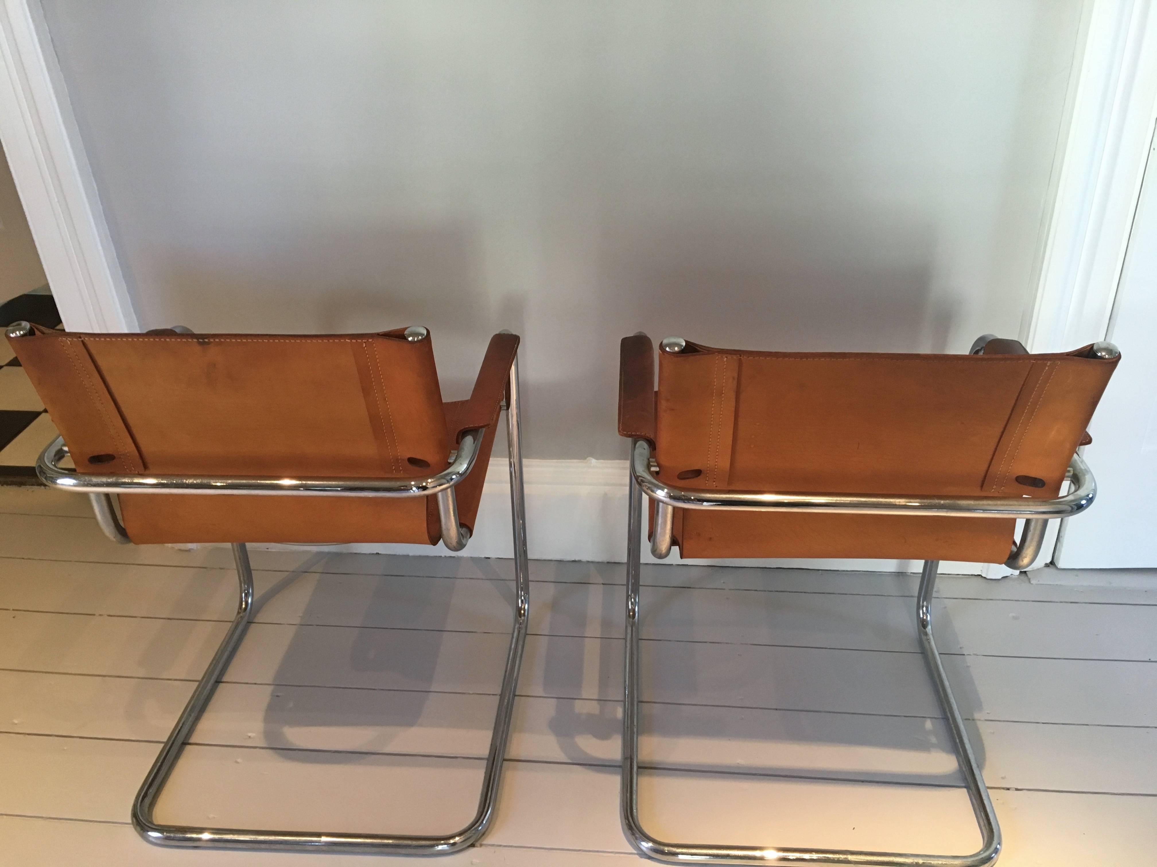 European Pair of Mart Stam-Style Cantilevered Leather and Chrome Chairs
