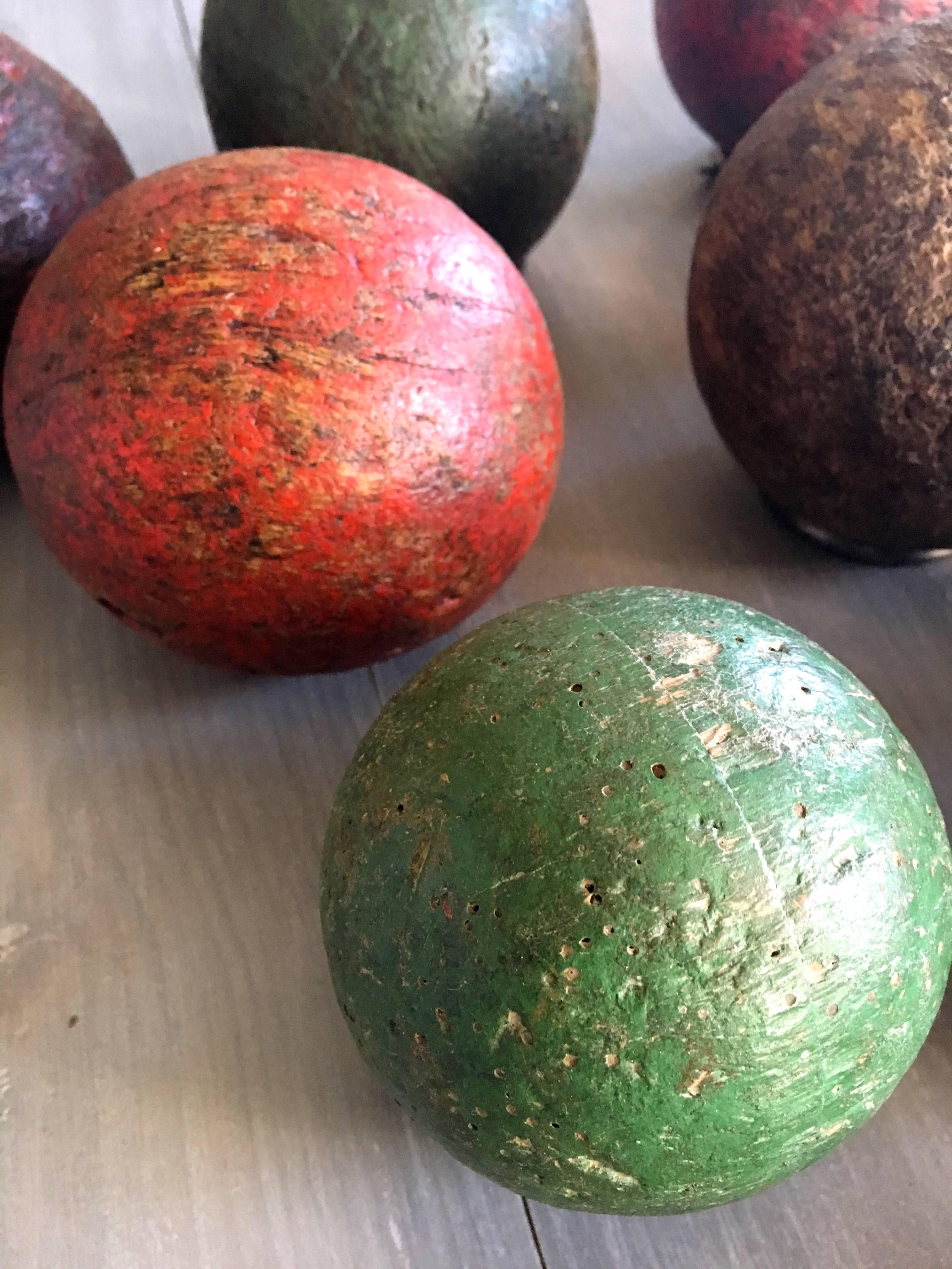 19th Century Set of 18 Hand-Carved Painted Wooden Boules, French, circa 1890