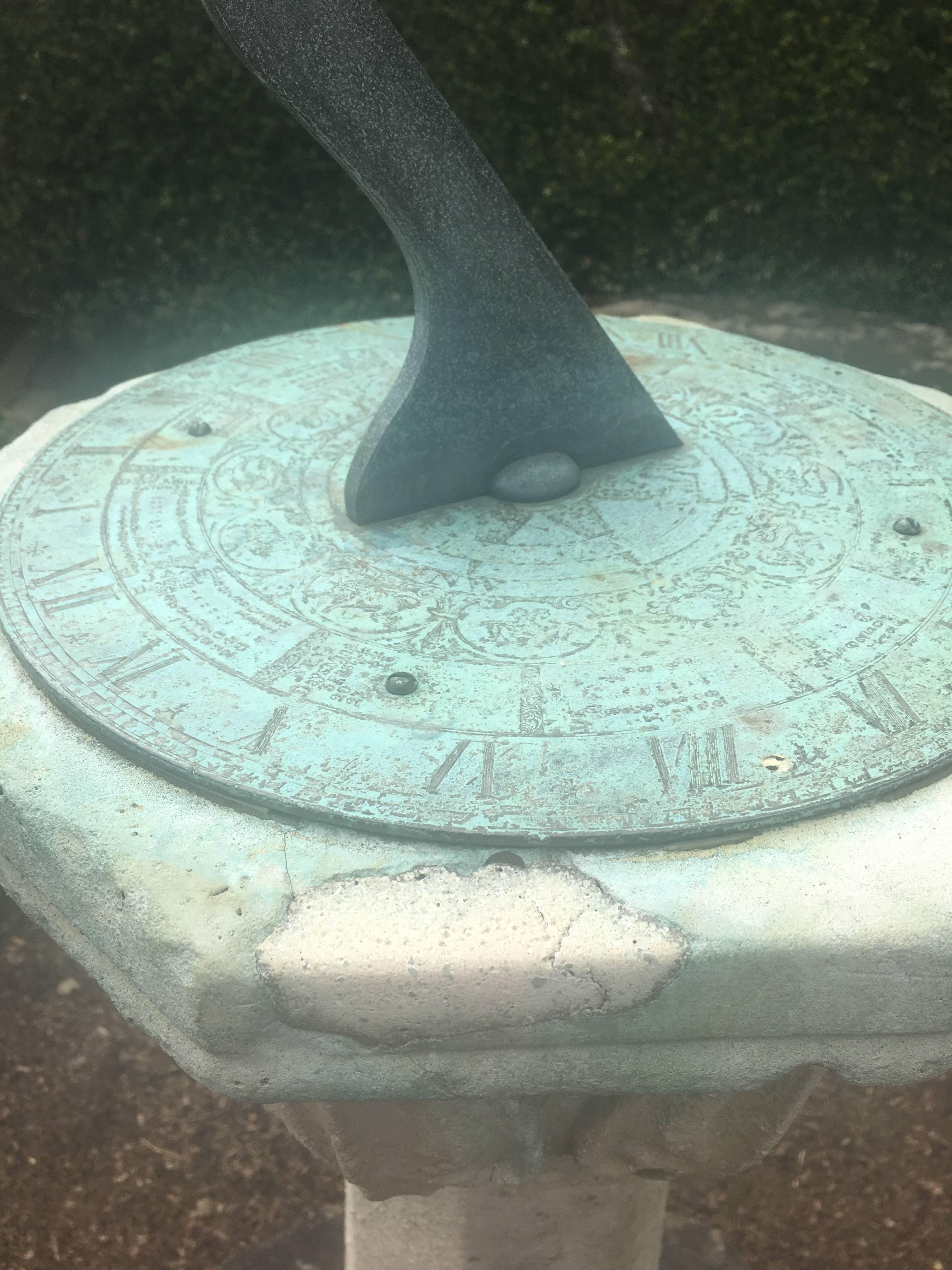 Bronze Large Carved Stone Arts and Crafts Sundial