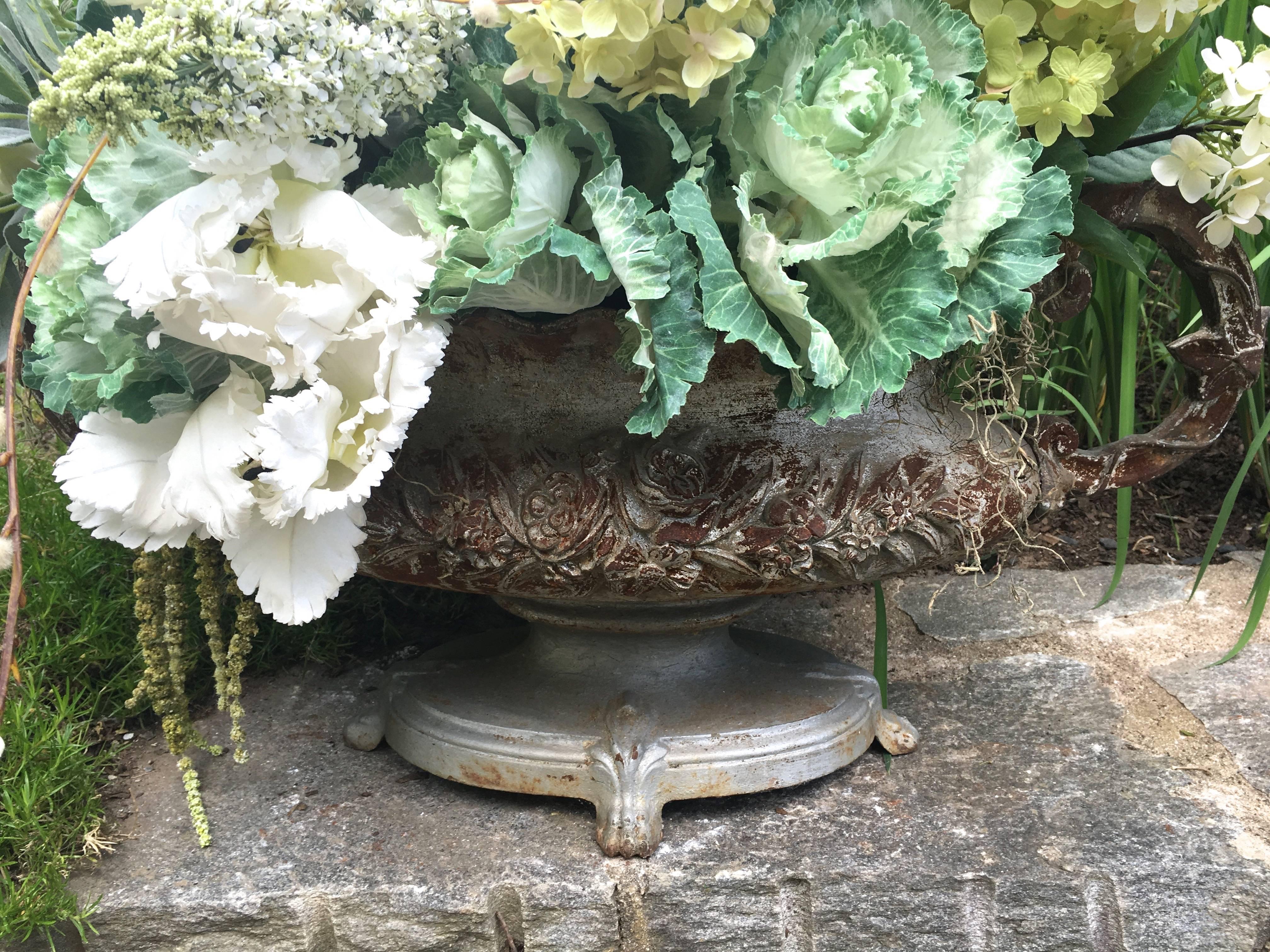 Large French 19th C Cast Iron Tabletop Urn with Faux Flowers In Good Condition For Sale In Woodbury, CT
