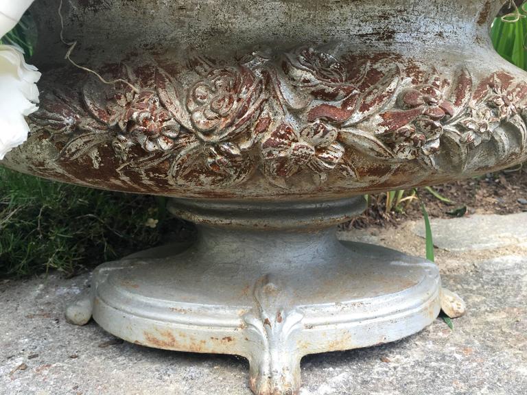 Large French 19th C Cast Iron Tabletop Urn with Faux Flowers For Sale