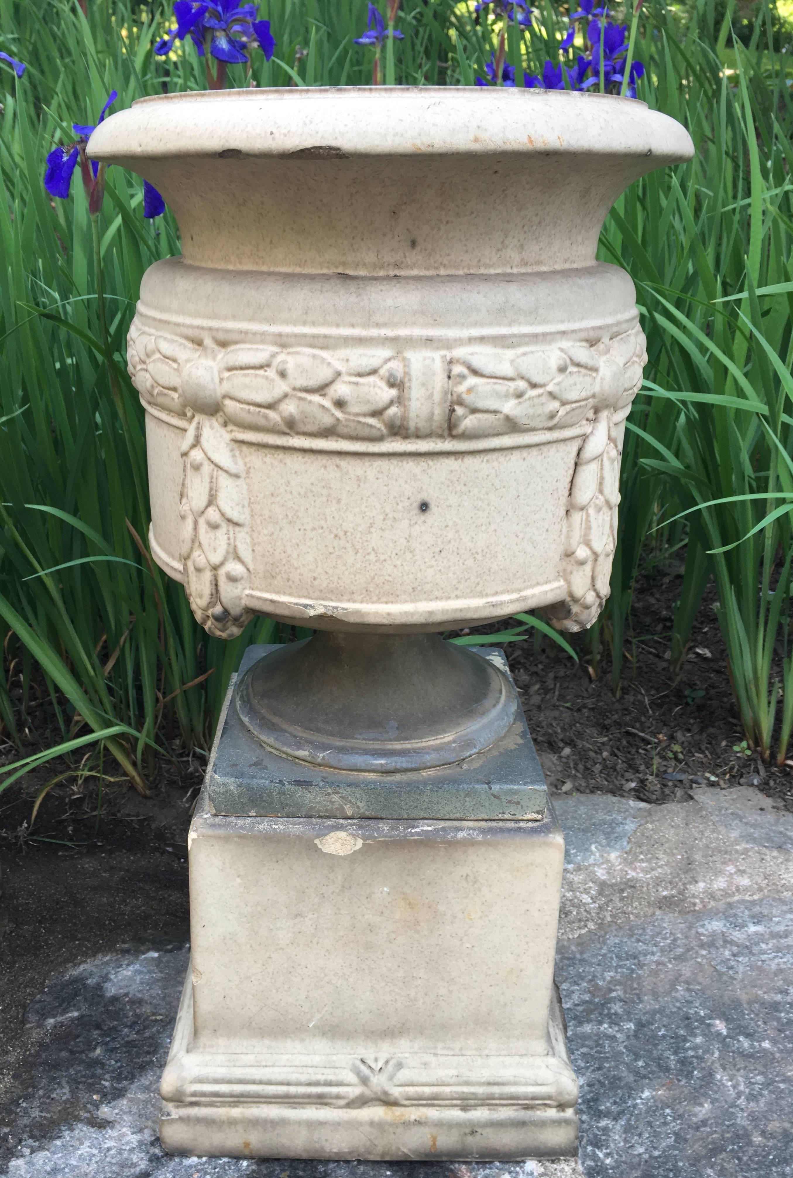 Rare Pair of Fireclay Urns on Plinths, Signed LEFCO In Fair Condition In Woodbury, CT