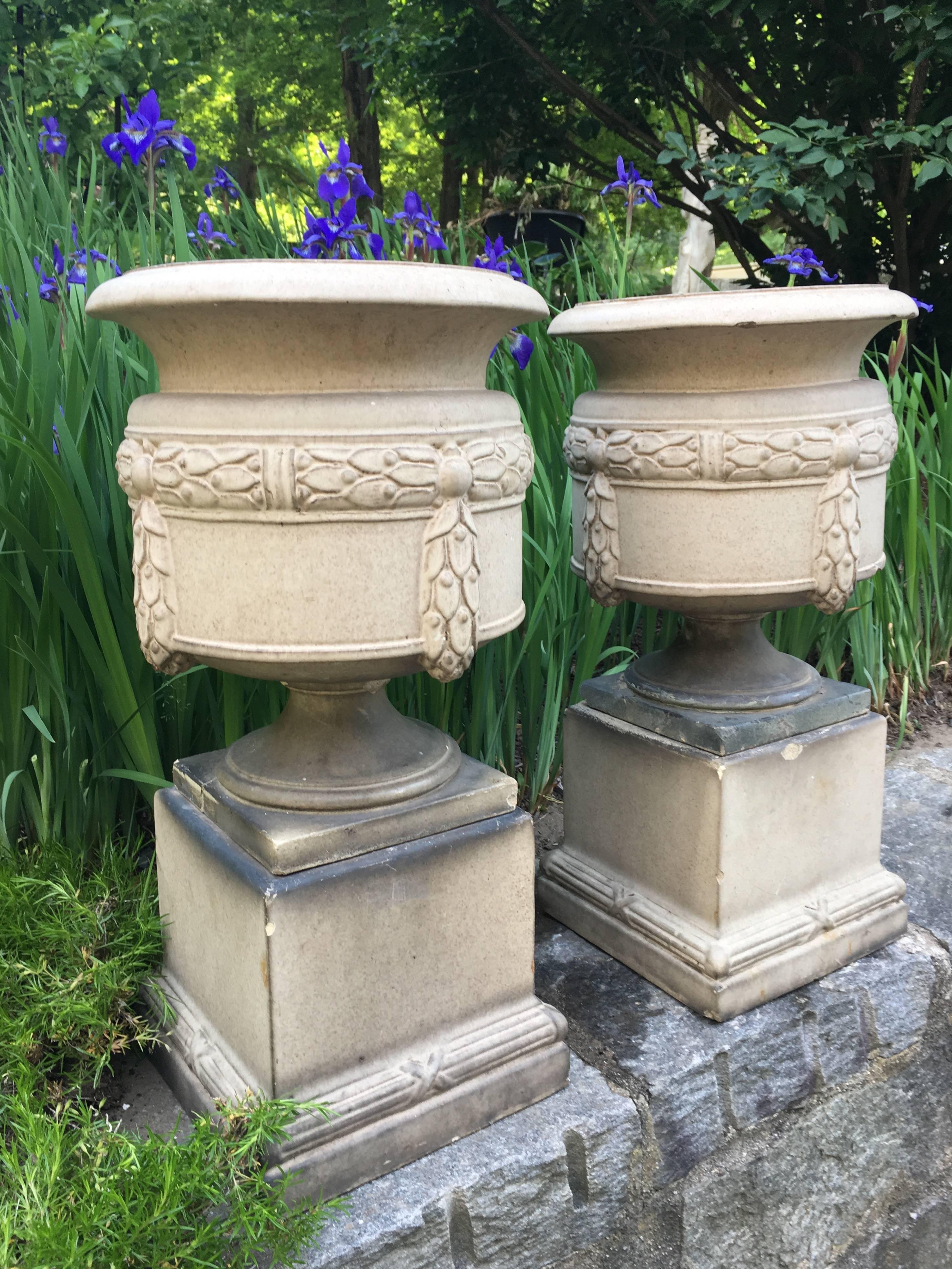 English Rare Pair of Fireclay Urns on Plinths, Signed LEFCO