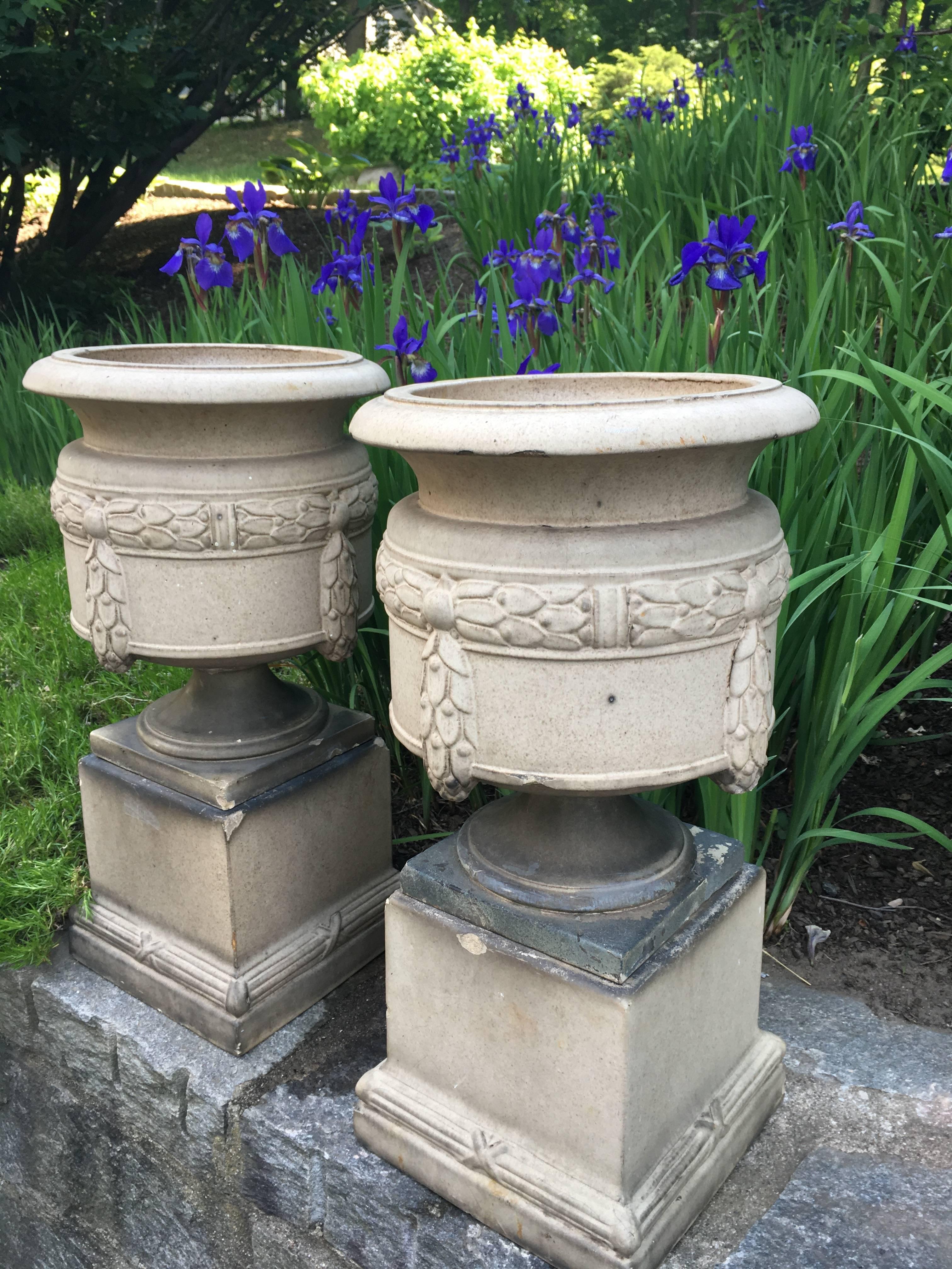 Hand-Crafted Rare Pair of Fireclay Urns on Plinths, Signed LEFCO