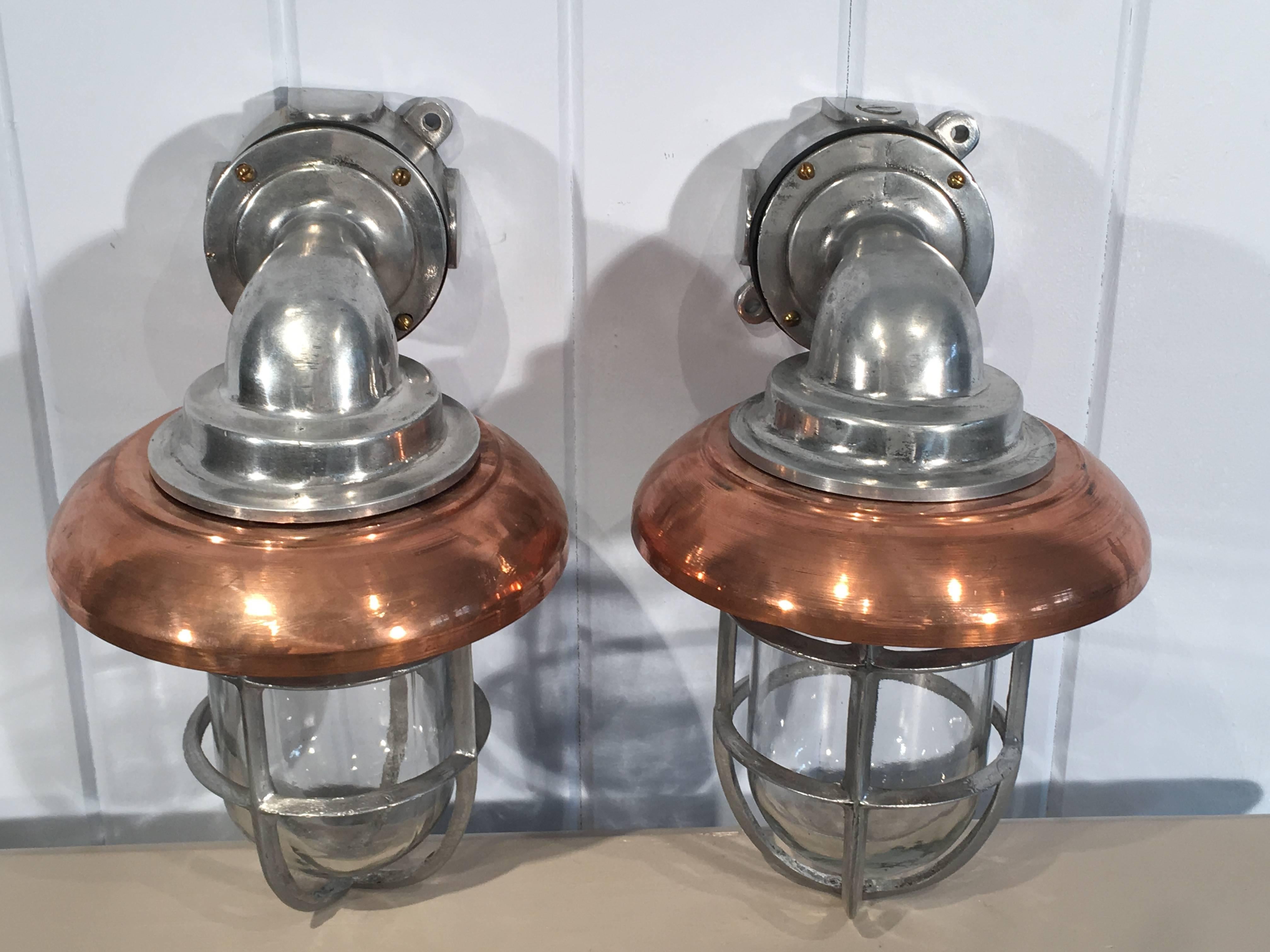 American Pair of Polished Aluminum and Copper Ship's Corridor Lamps For Sale