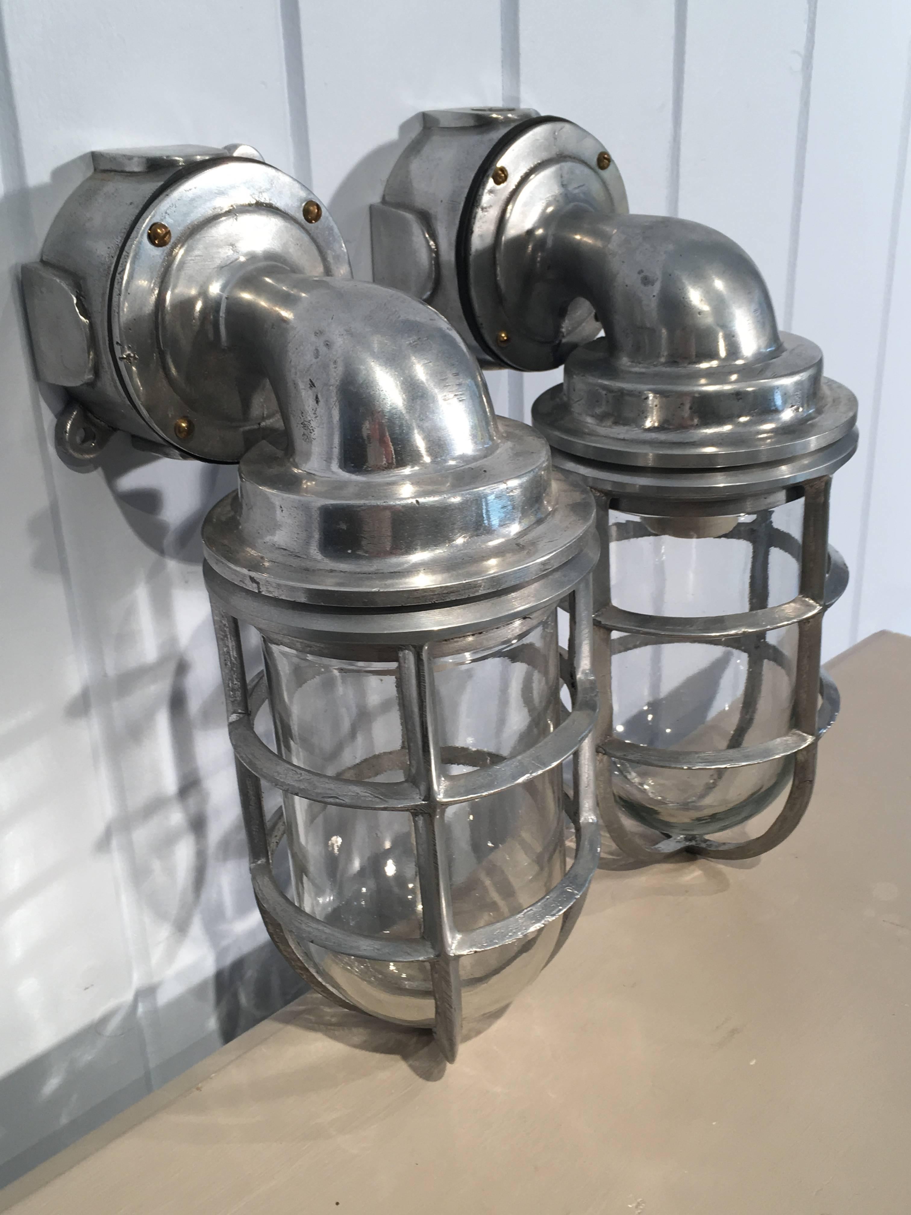 Pair of Polished Aluminum and Copper Ship's Corridor Lamps In Good Condition For Sale In Woodbury, CT