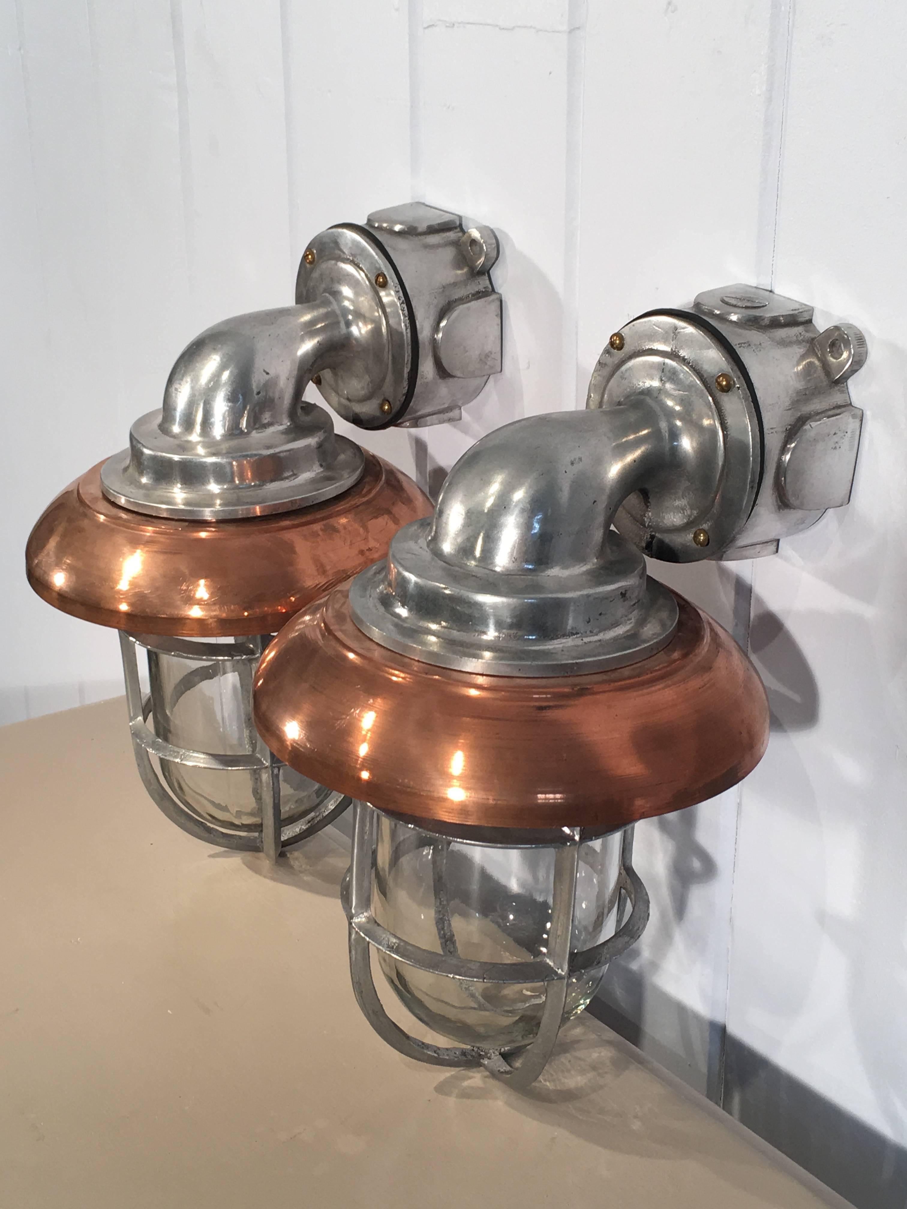 Pair of Polished Aluminum and Copper Ship's Corridor Lamps For Sale 2