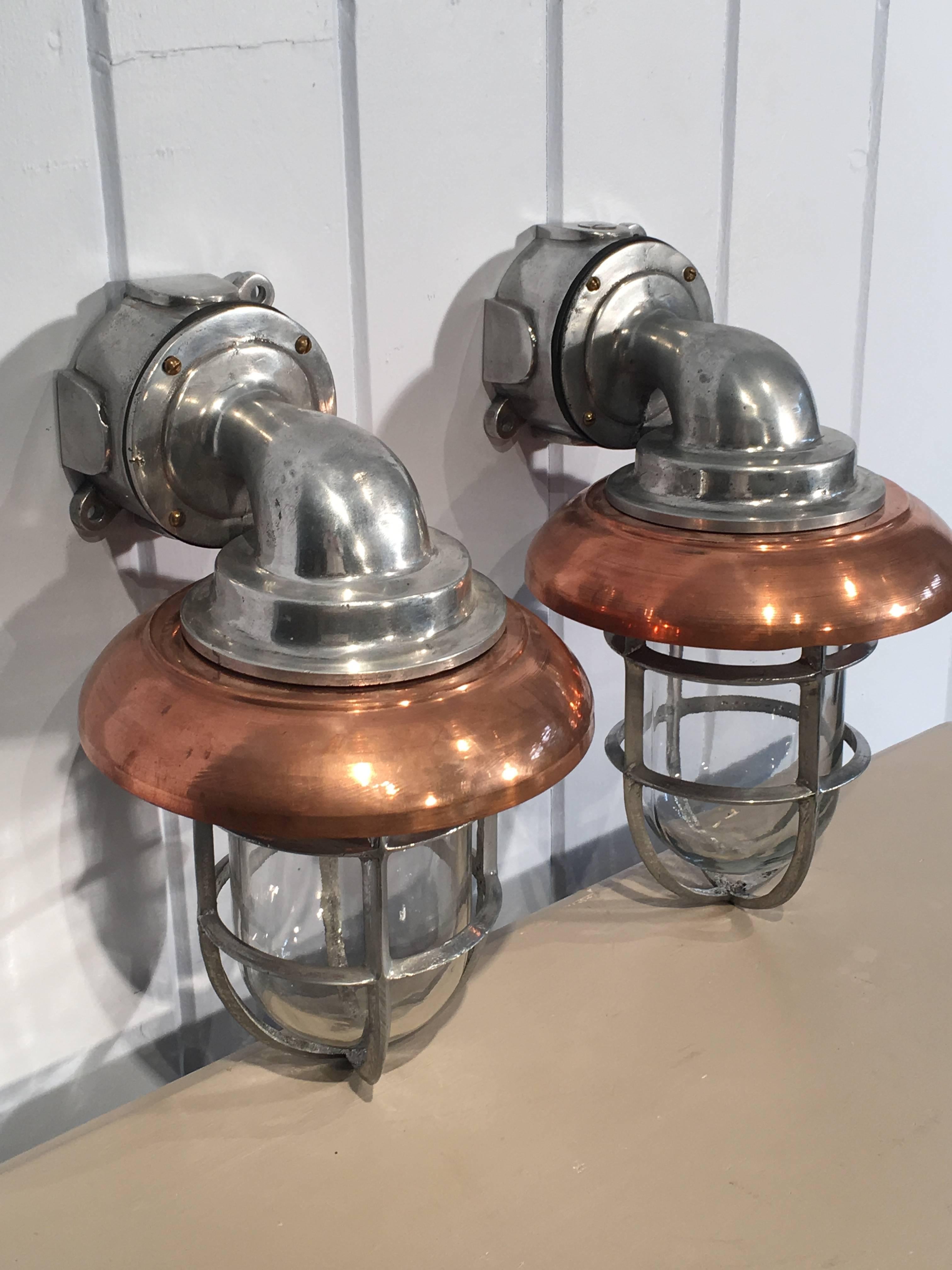 Mid-20th Century Pair of Polished Aluminum and Copper Ship's Corridor Lamps For Sale