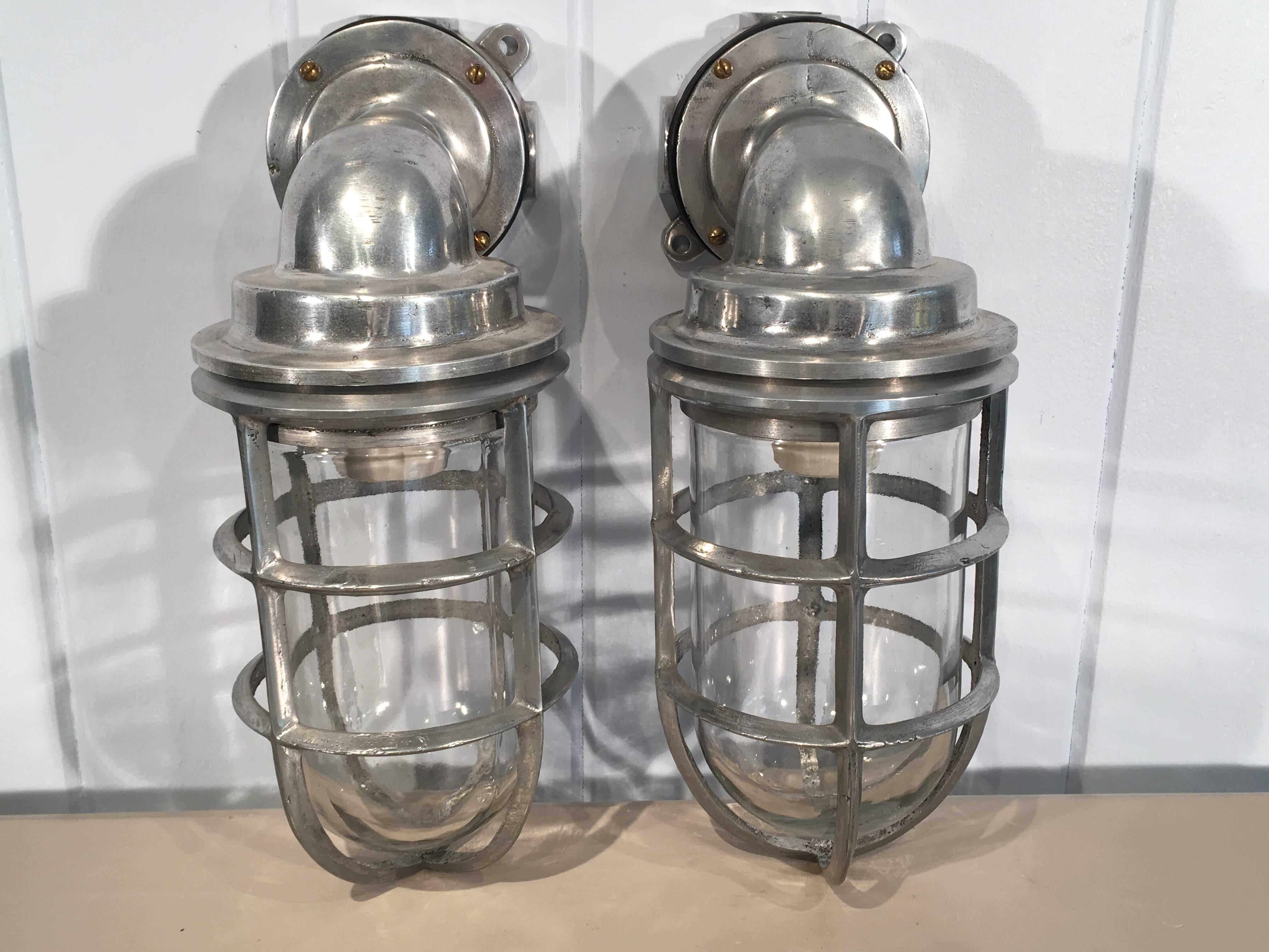 Pair of Polished Aluminum and Copper Ship's Corridor Lamps For Sale 1