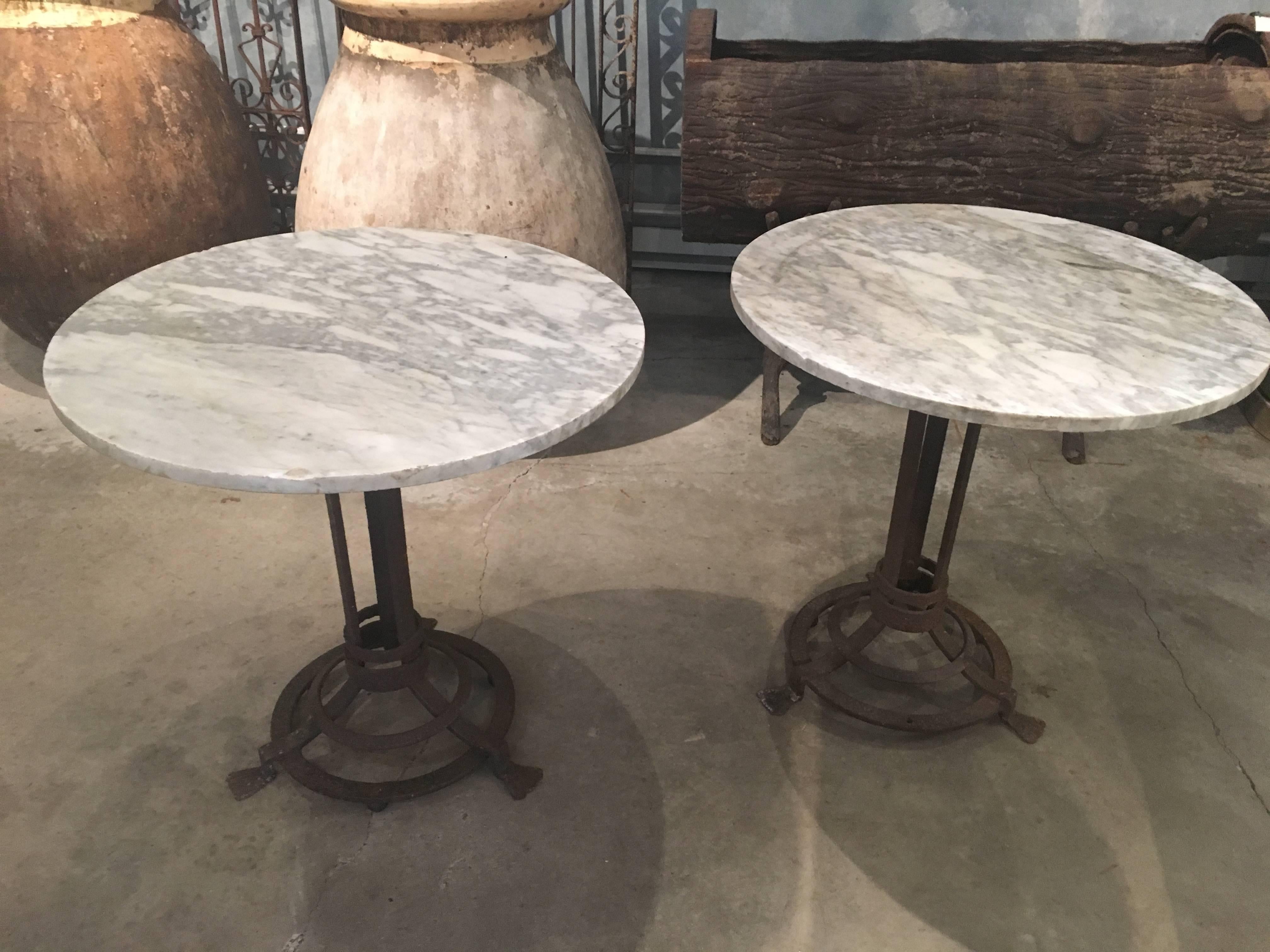 Napoleon III Pair of French Wrought Iron Gueridon Tables with Marble Tops