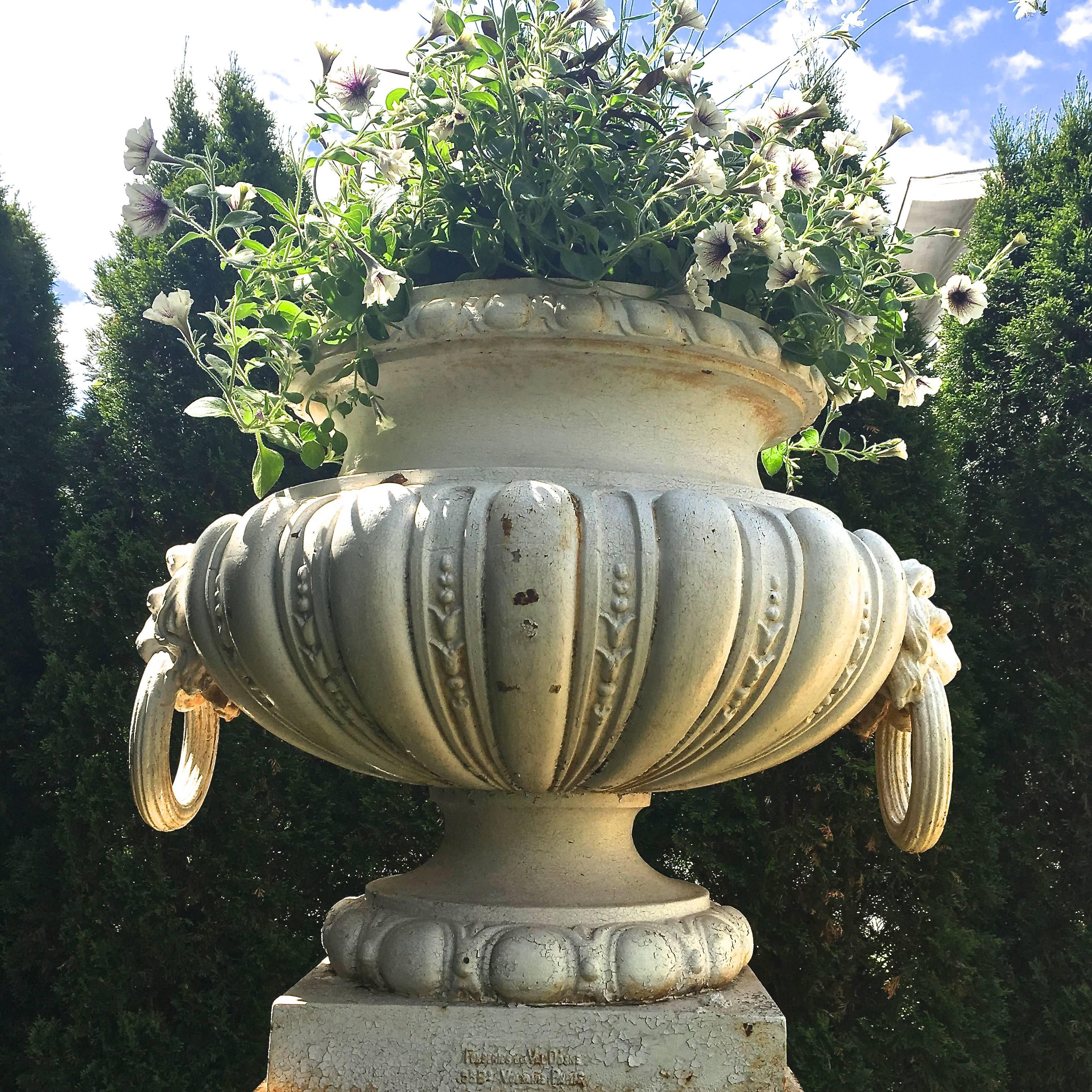 French Statuesque Pair of Rare Estate-Sized Val d'Osne Cast Iron Urns on Tall Plinths For Sale