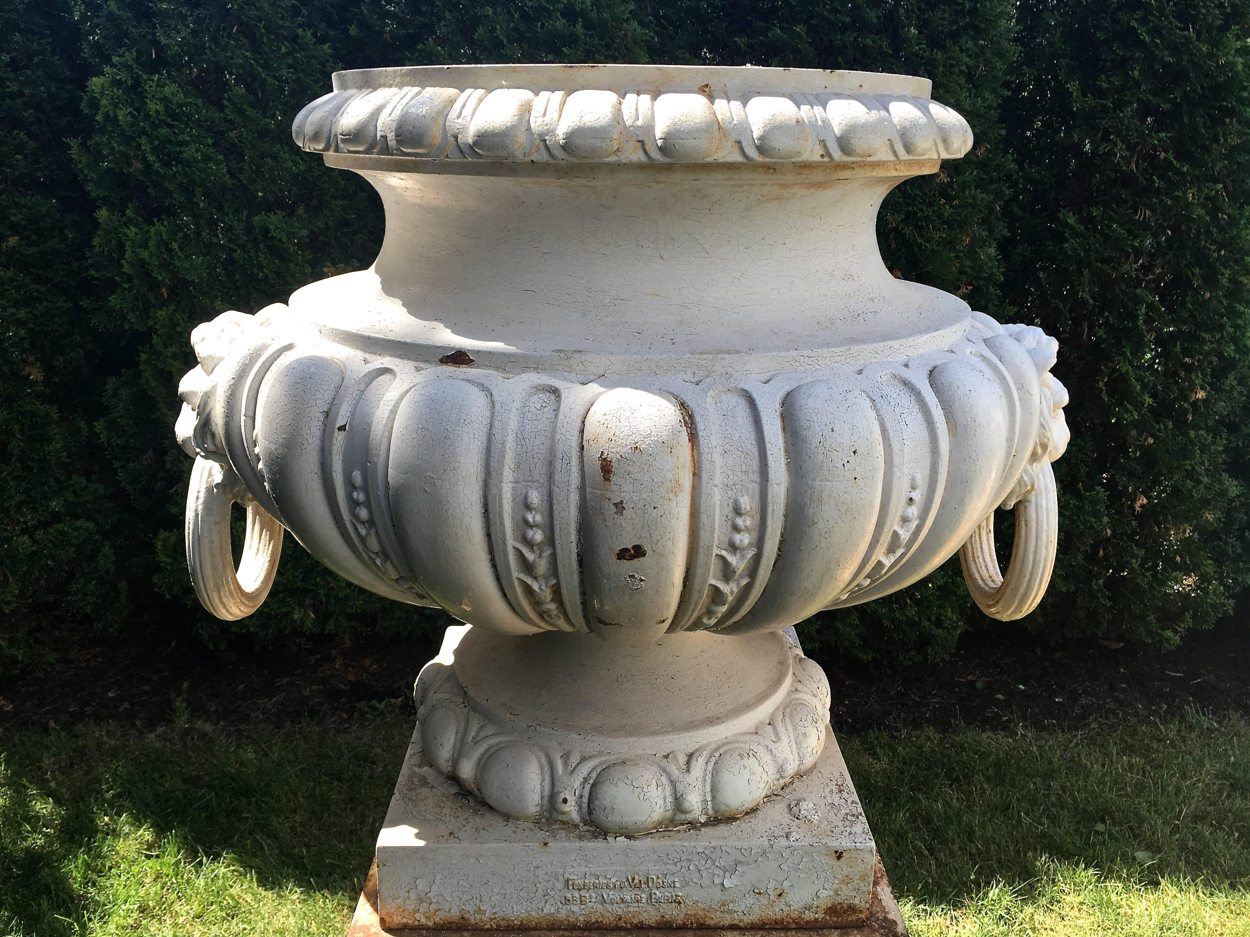 Napoleon III Statuesque Pair of Rare Estate-Sized Val d'Osne Cast Iron Urns on Tall Plinths For Sale