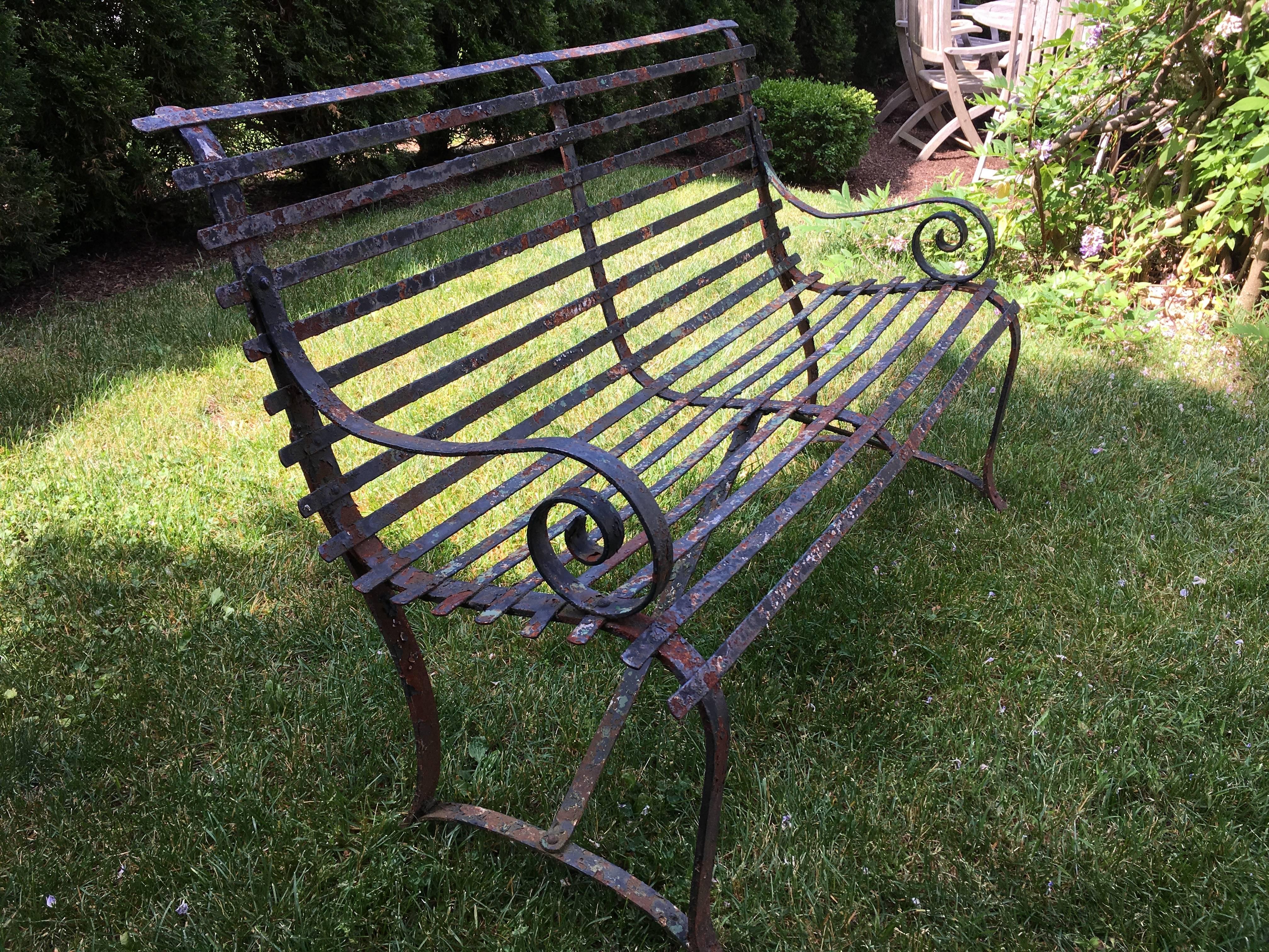 Charming English Wrought Iron Strap Bench In Excellent Condition In Woodbury, CT