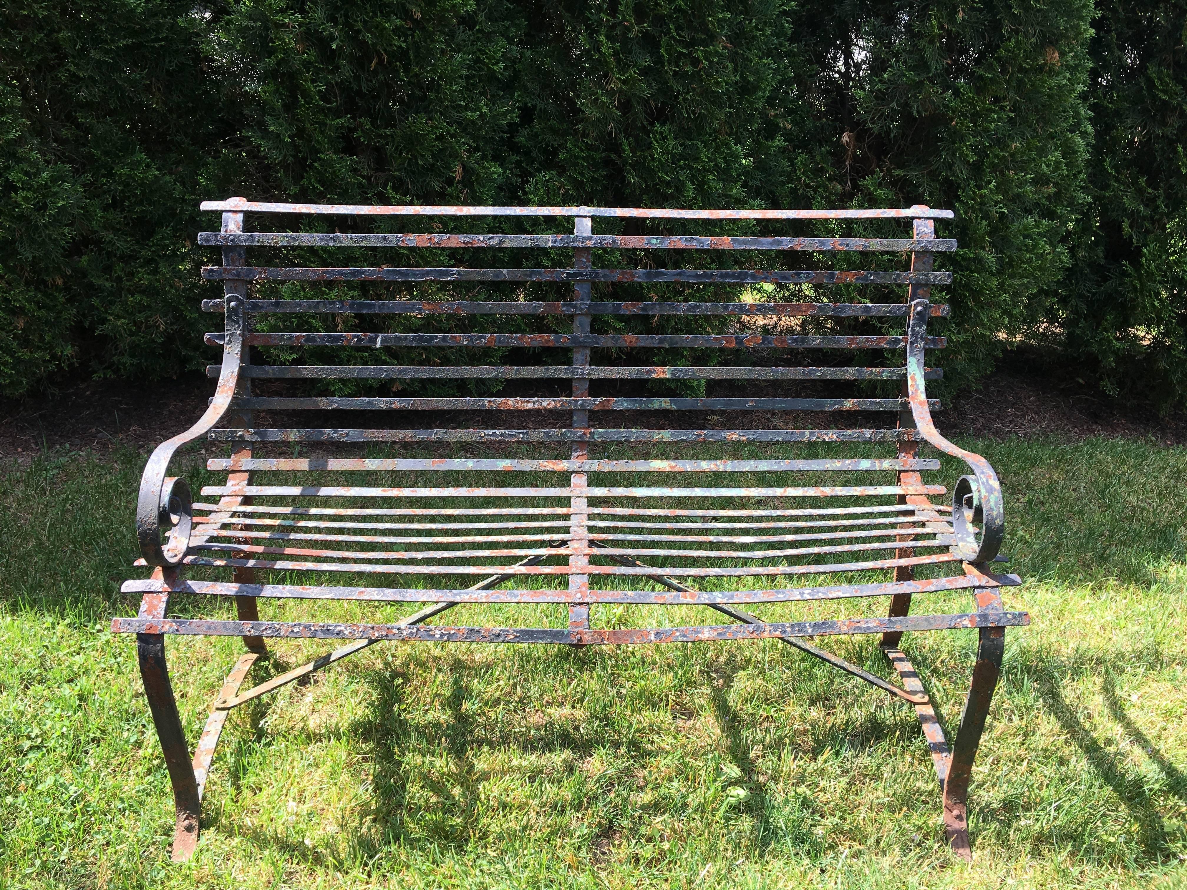 Hand-Crafted Charming English Wrought Iron Strap Bench