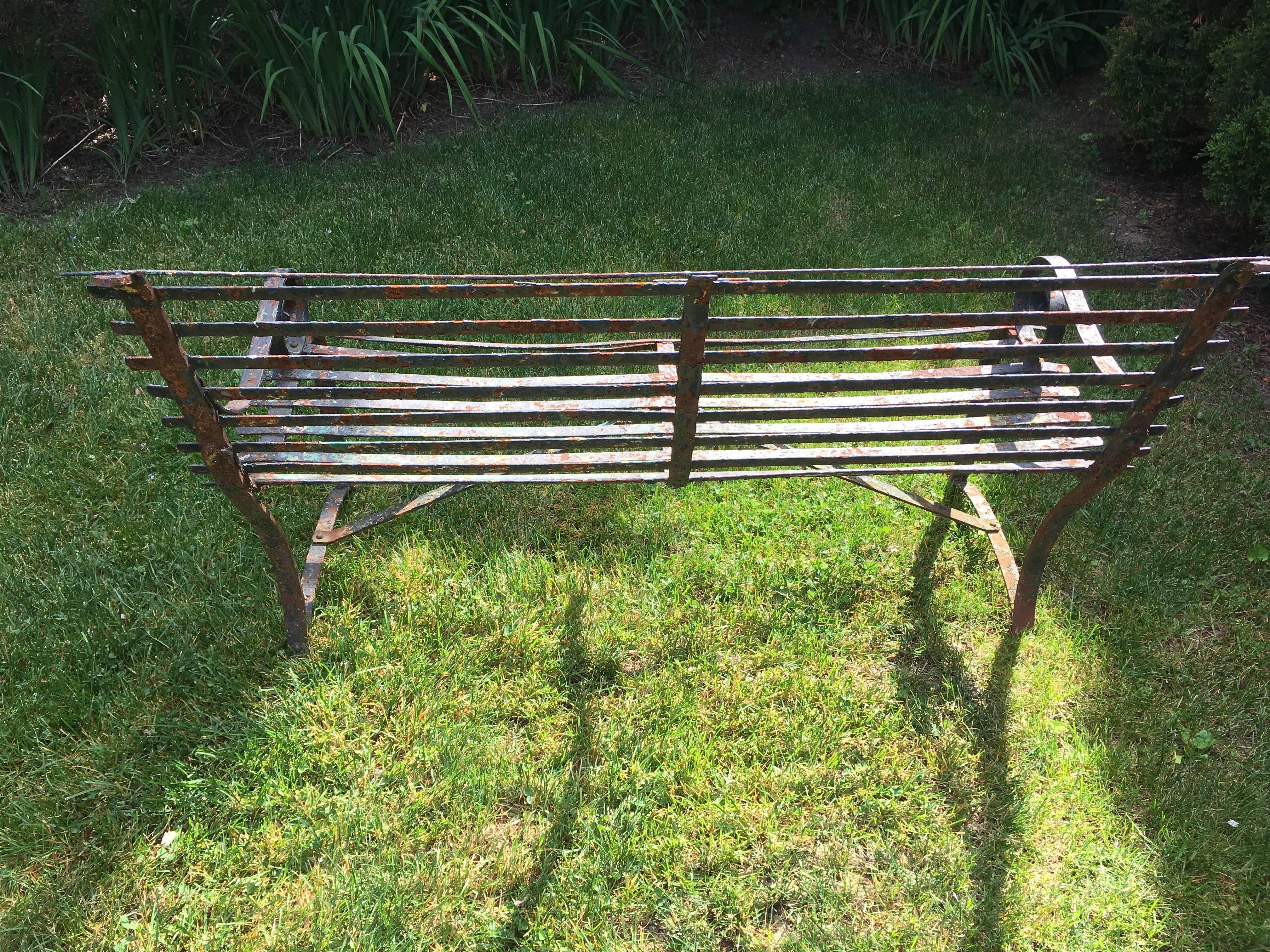 20th Century Charming English Wrought Iron Strap Bench