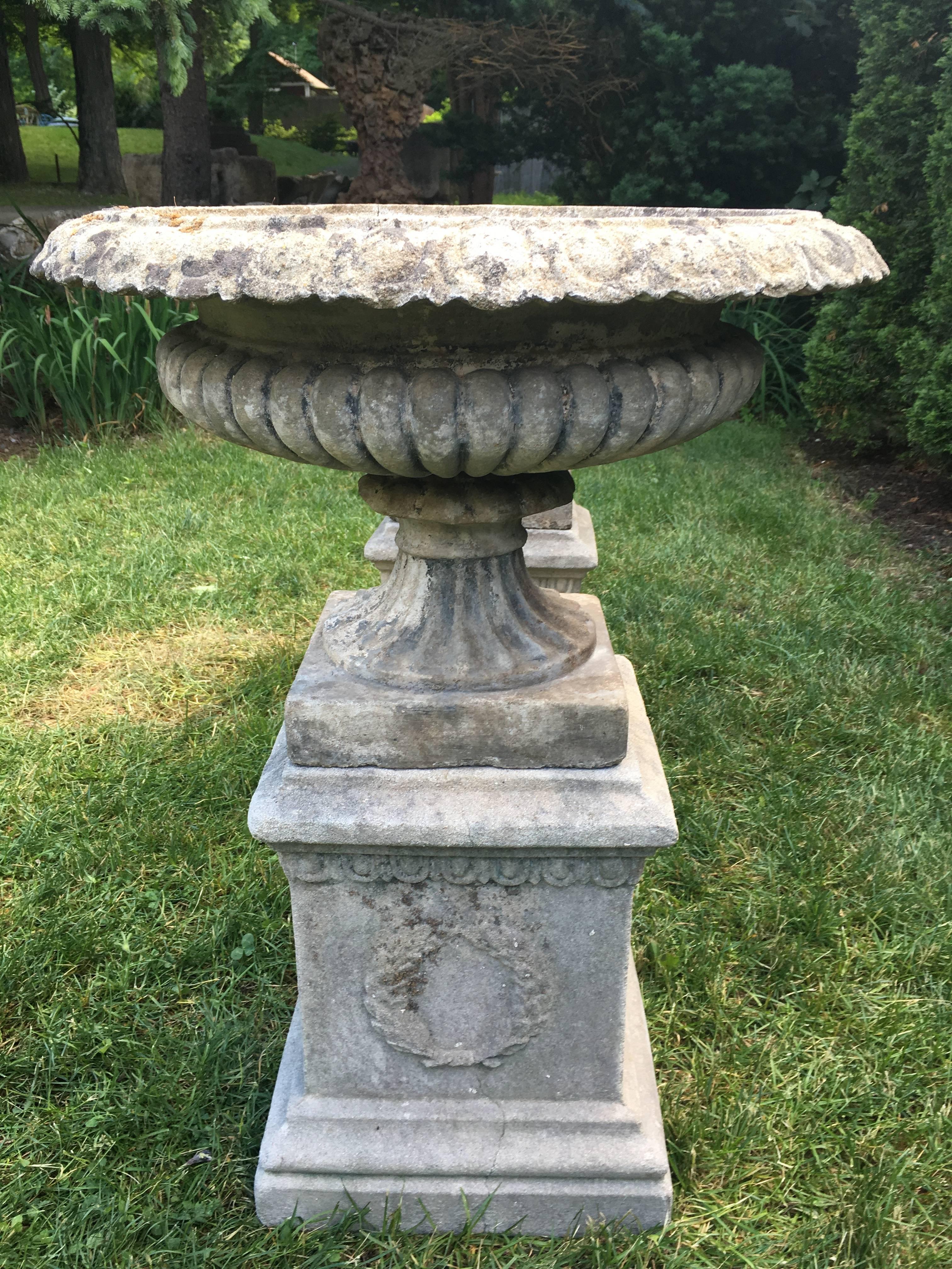 Pair of English Cast Stone Tazza Urns on Conforming Plinths In Good Condition In Woodbury, CT