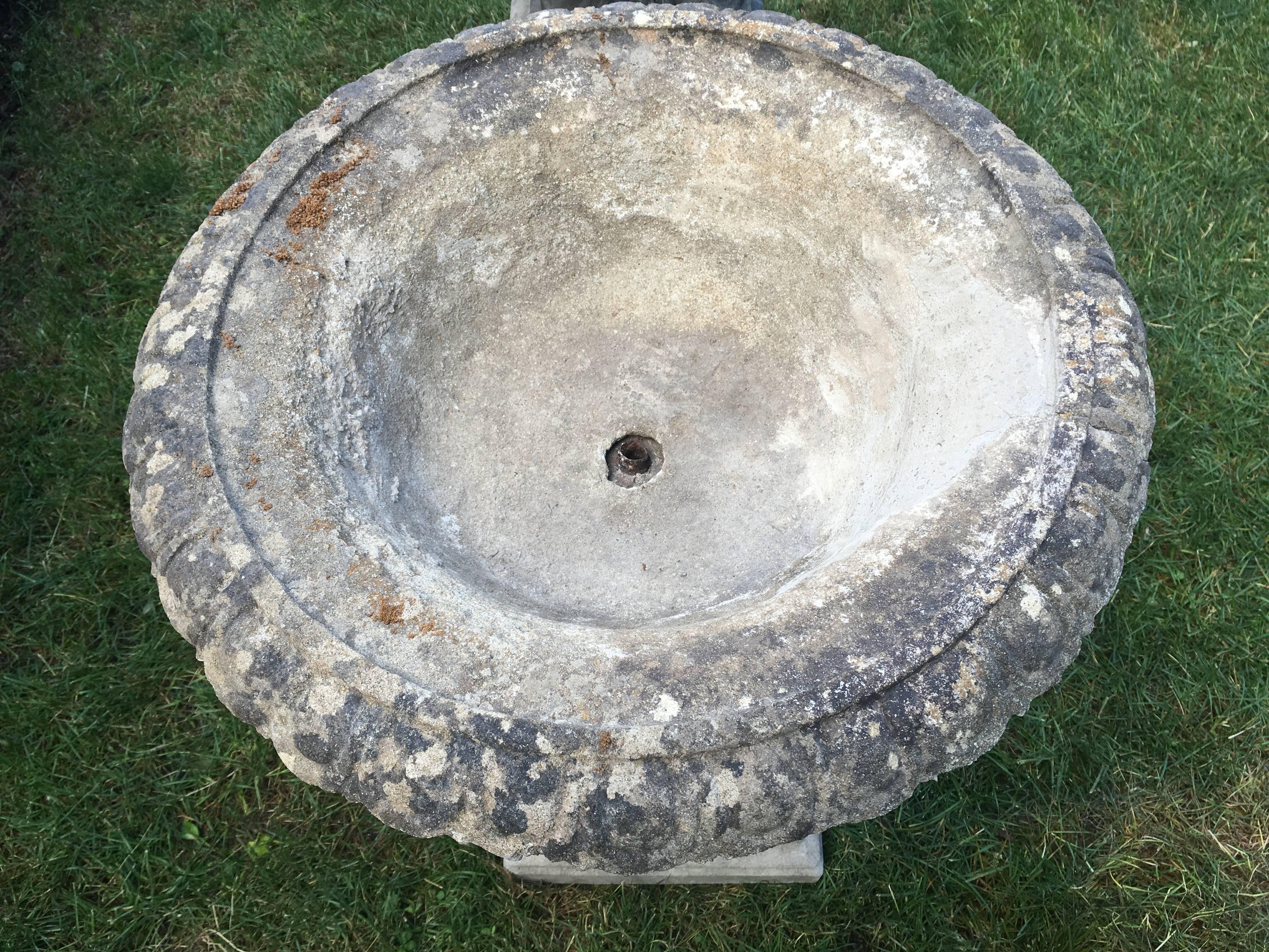 20th Century Pair of English Cast Stone Tazza Urns on Conforming Plinths