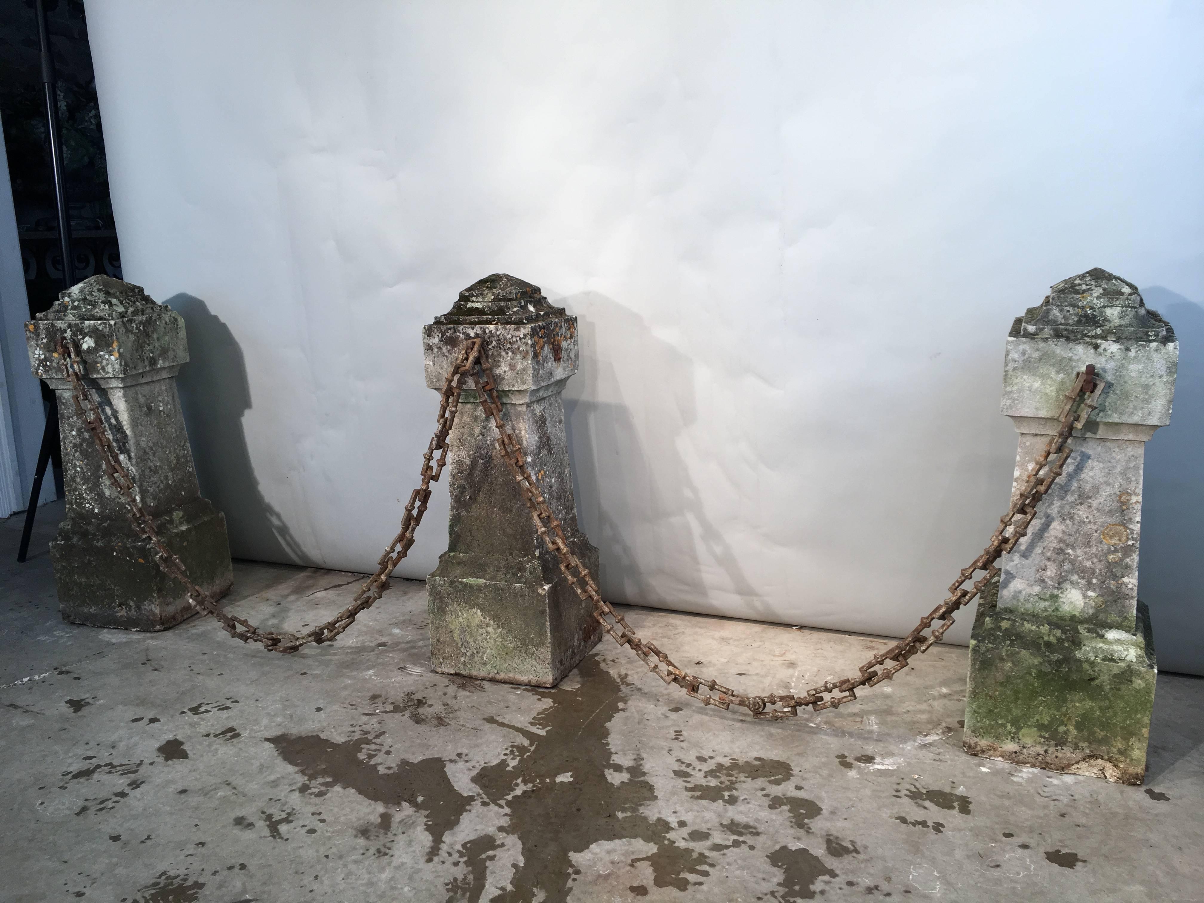 Magnificent Set of Three 18th Century Limestone Entrance Pillars with Chains  2