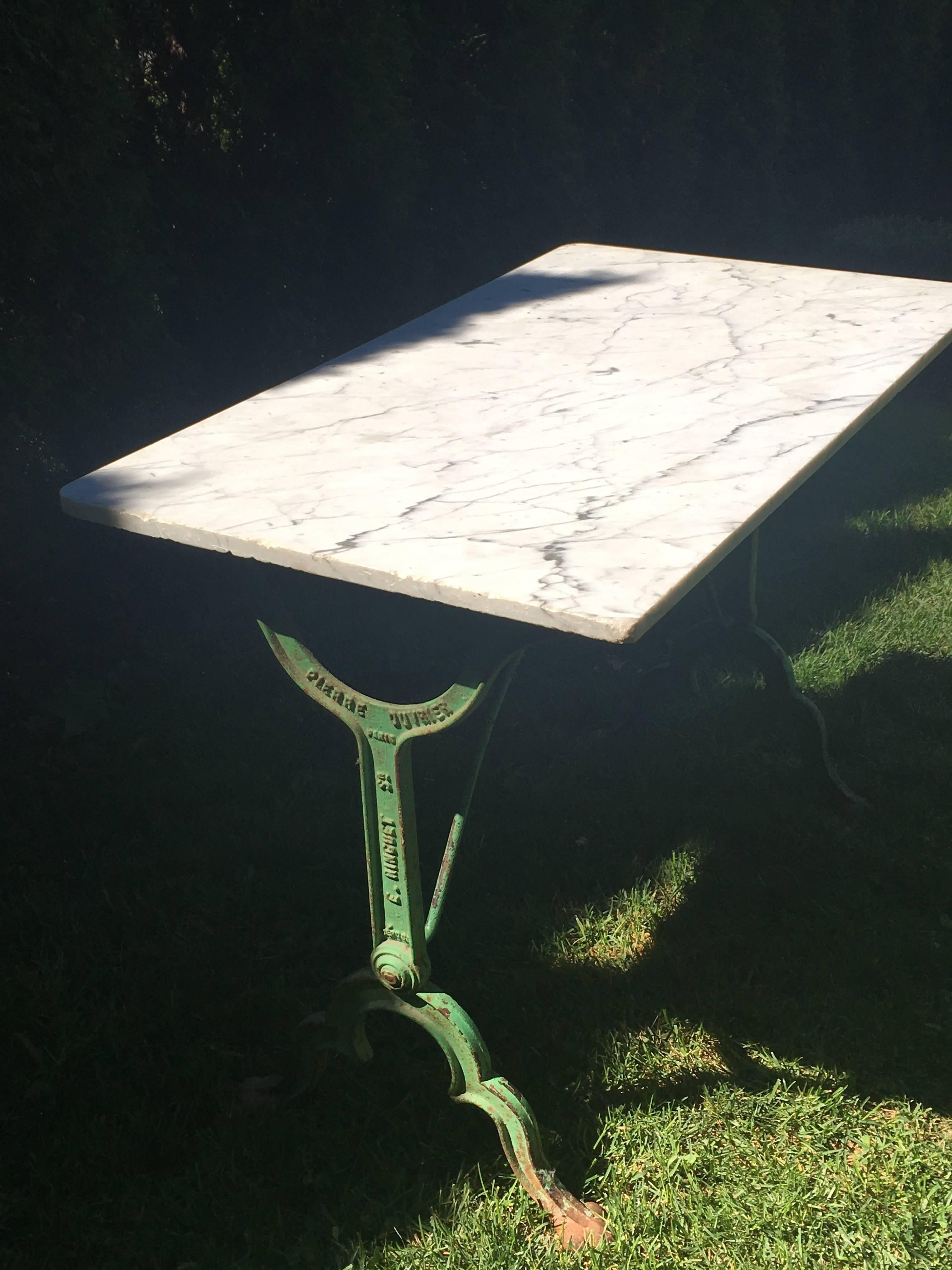 Signed French Iron Conservatory Table with Marble Top In Excellent Condition In Woodbury, CT
