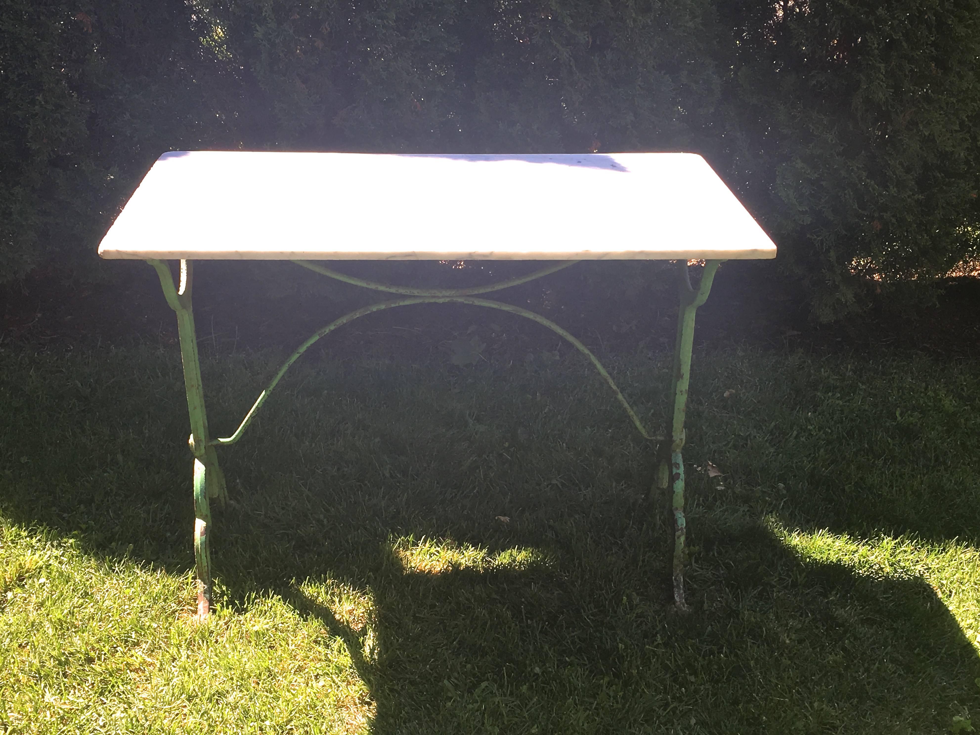 19th Century Signed French Iron Conservatory Table with Marble Top