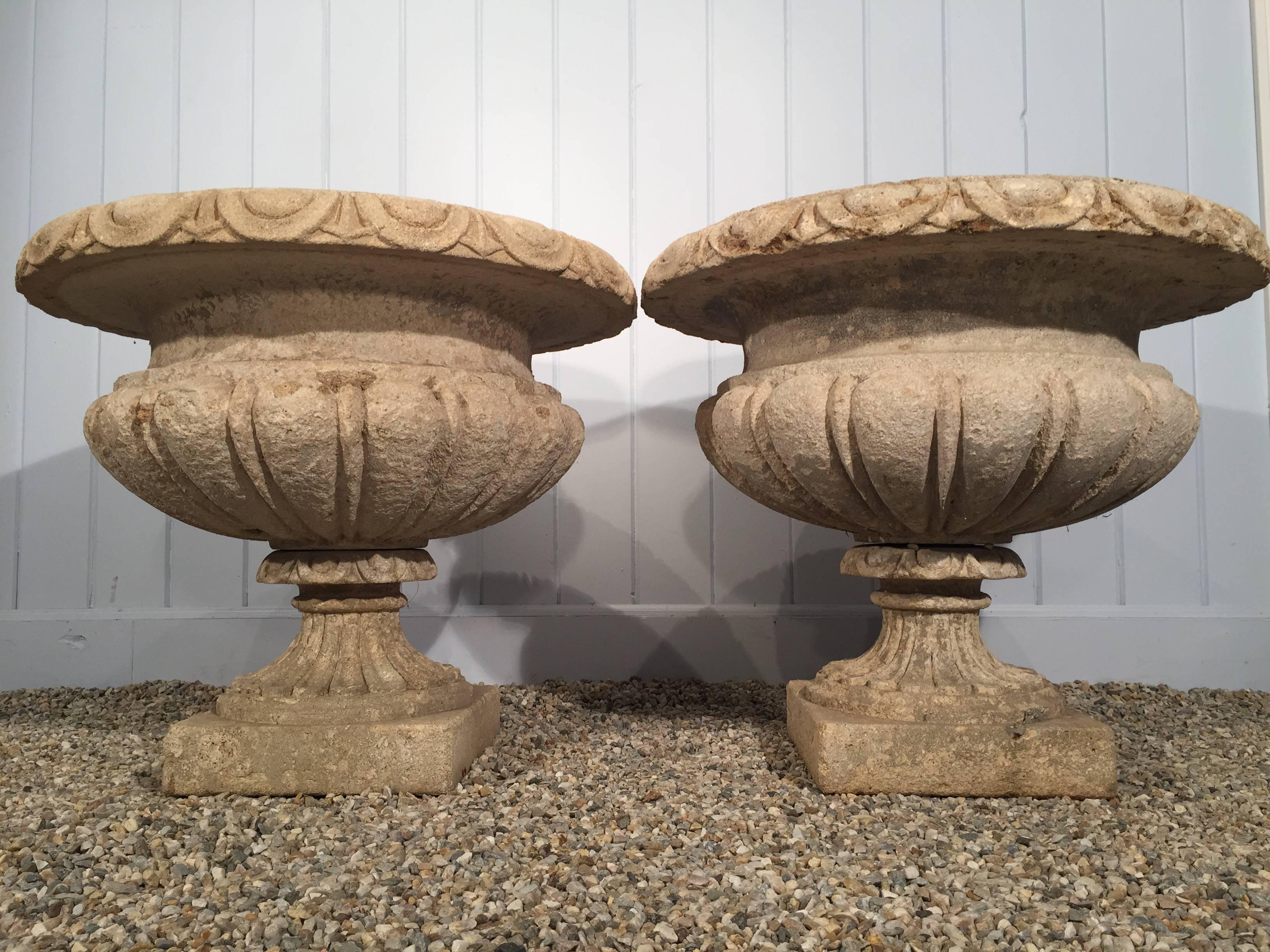 Italian Set of Four Large Carved Limestone Urns from Michael and Diandra Douglas Estate