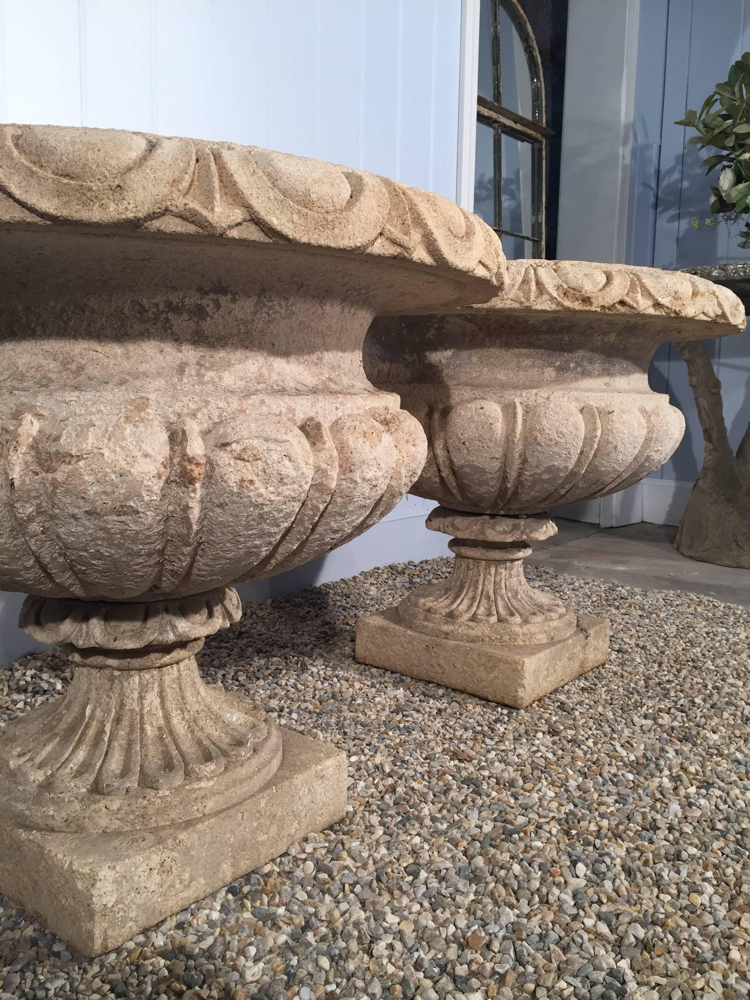 Hand-Carved Set of Four Large Carved Limestone Urns from Michael and Diandra Douglas Estate