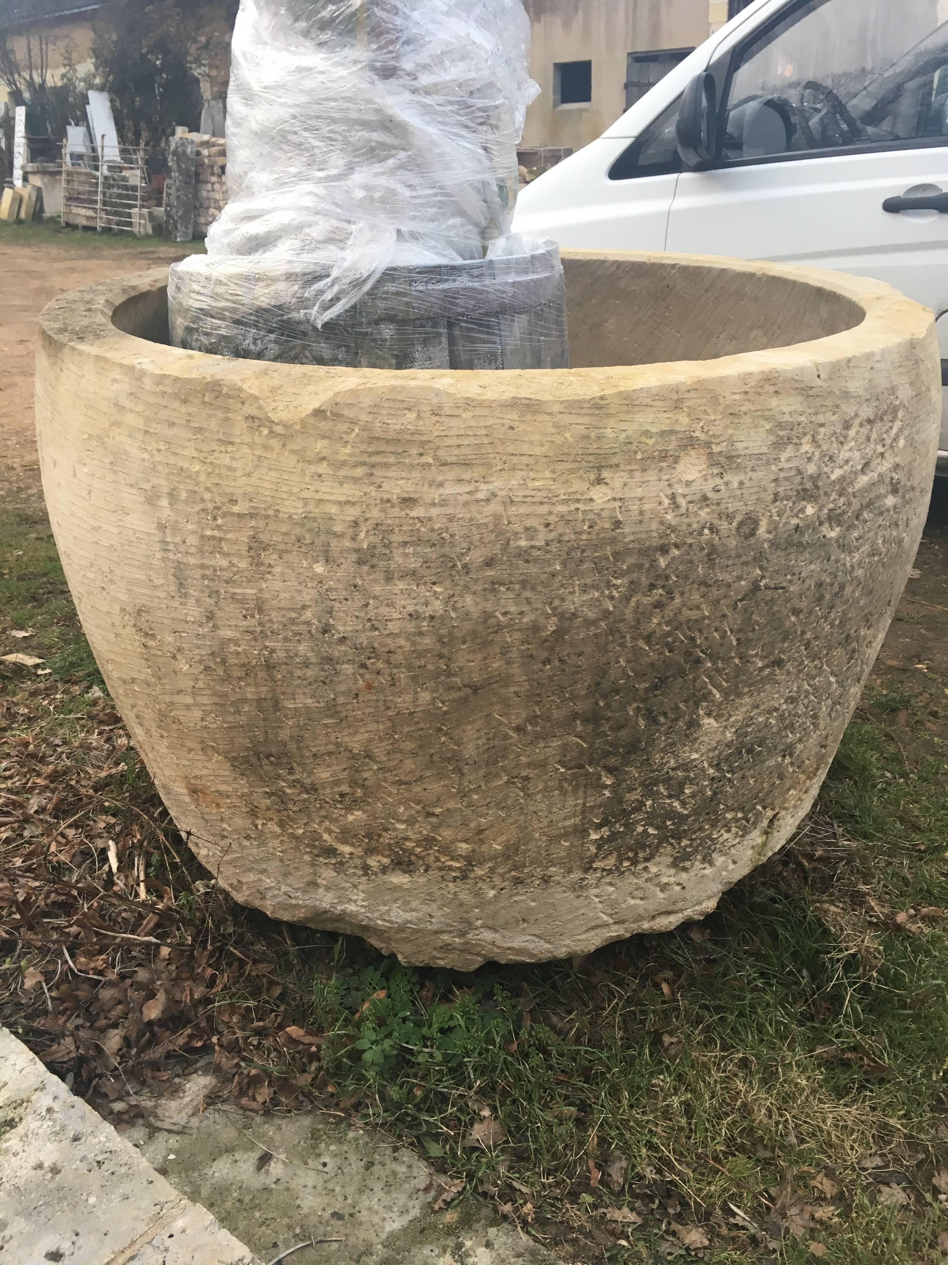 Rustic Enormous Round 19th Century French Hand-Carved Stone Trough