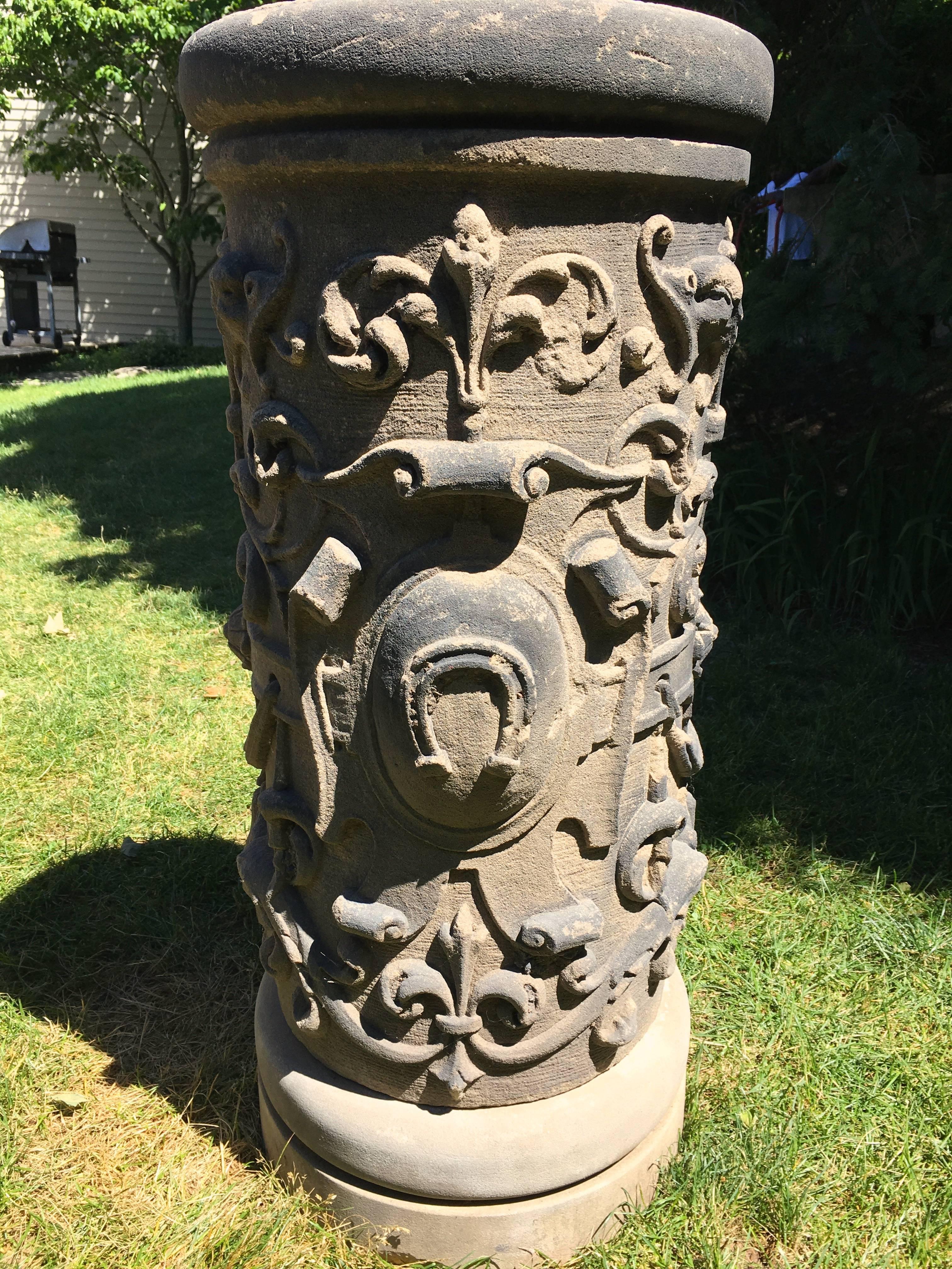 Pair of Tall English Cast Stone Urns on Exceptional 19th C Carved Pedestals In Good Condition For Sale In Woodbury, CT