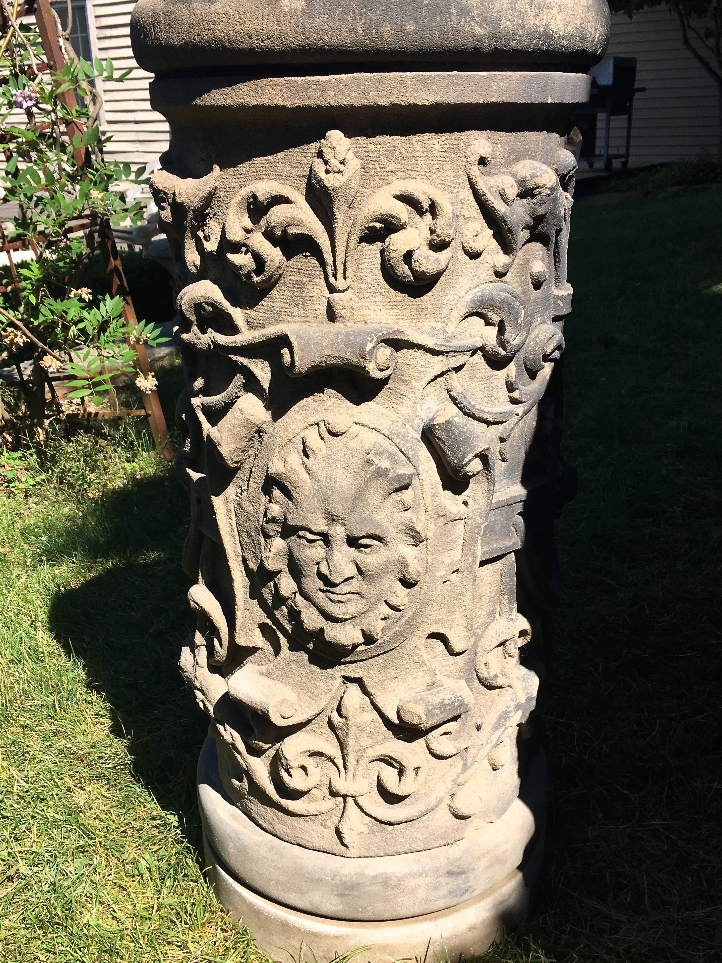 Pair of Tall English Cast Stone Urns on Exceptional 19th C Carved Pedestals For Sale 1