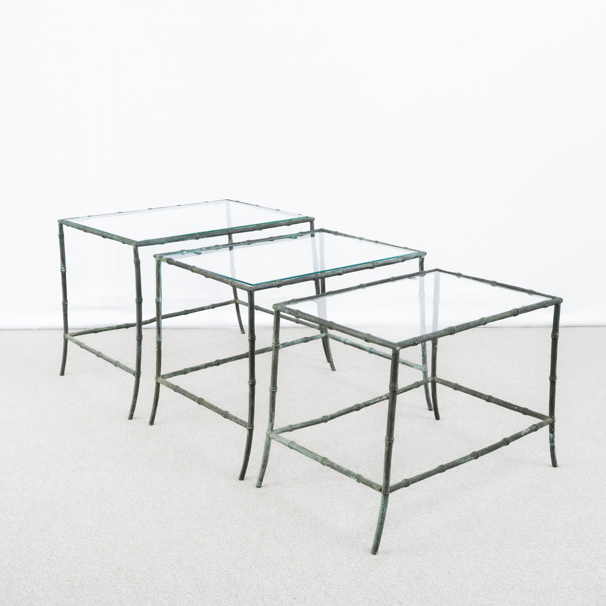French A Rare Nest of Bronze Faux Bamboo Maison Baguès Tables For Sale