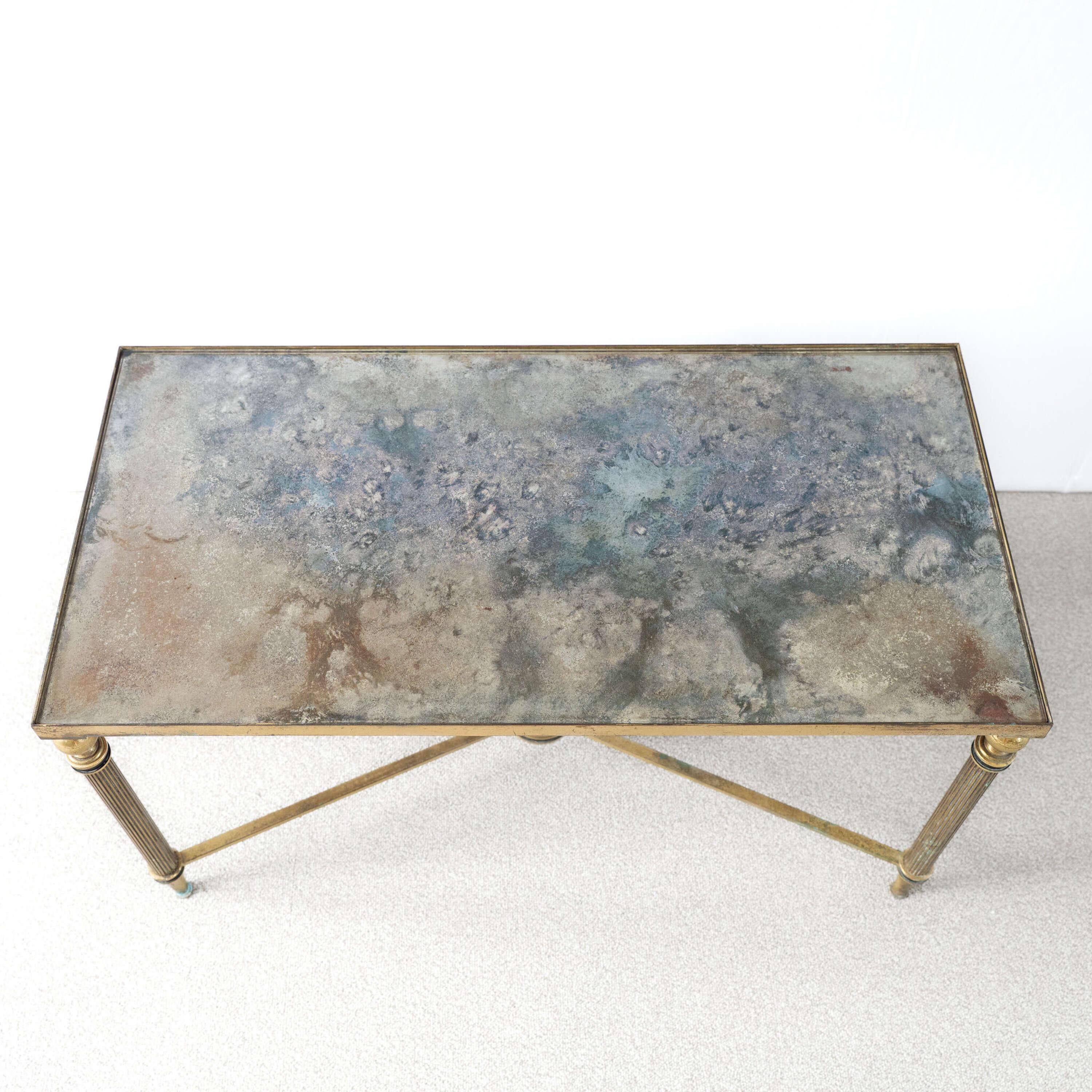 Hand-Crafted French Brass Verre Églomisé Coffee Table Attributed to Maison Jansen For Sale