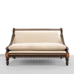 19th Century Anglo Indian Inlaid Sofa Reupholstered Hand Carved Rare