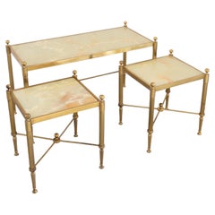 French 1960's Triptype Nesting Brass and Onyx Tables