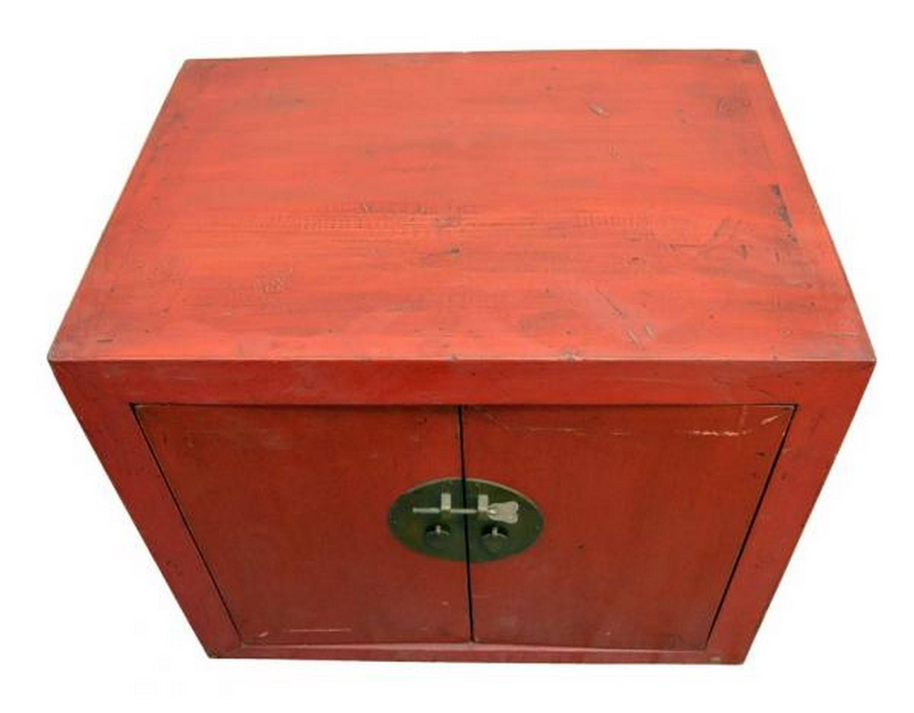 Lacquered Antique Chinese Red Lacquer Cabinet with Brass Hardware from the 20th Century