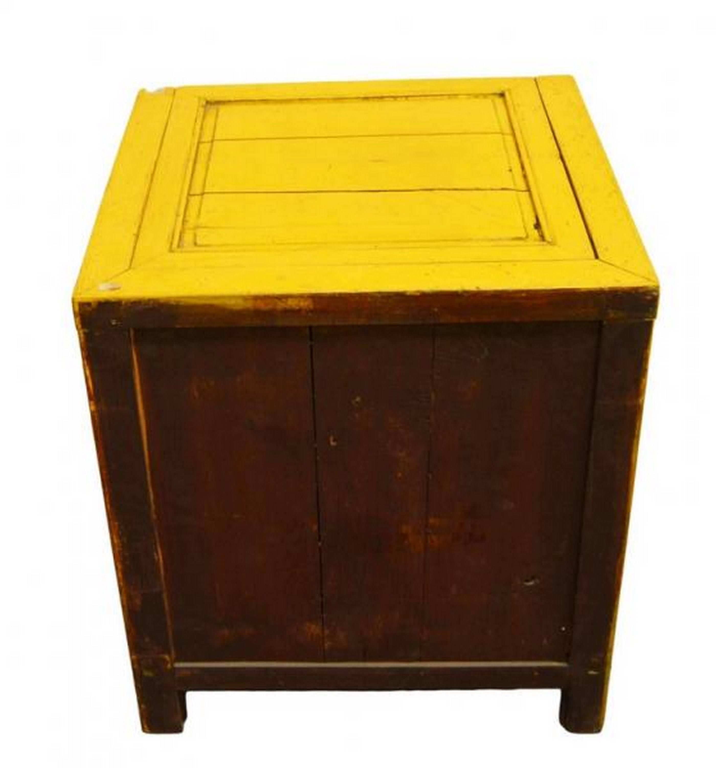 Wood 19th Century Chinese Yellow Lacquer Cabinet with Brass Hardware and Hinged Top