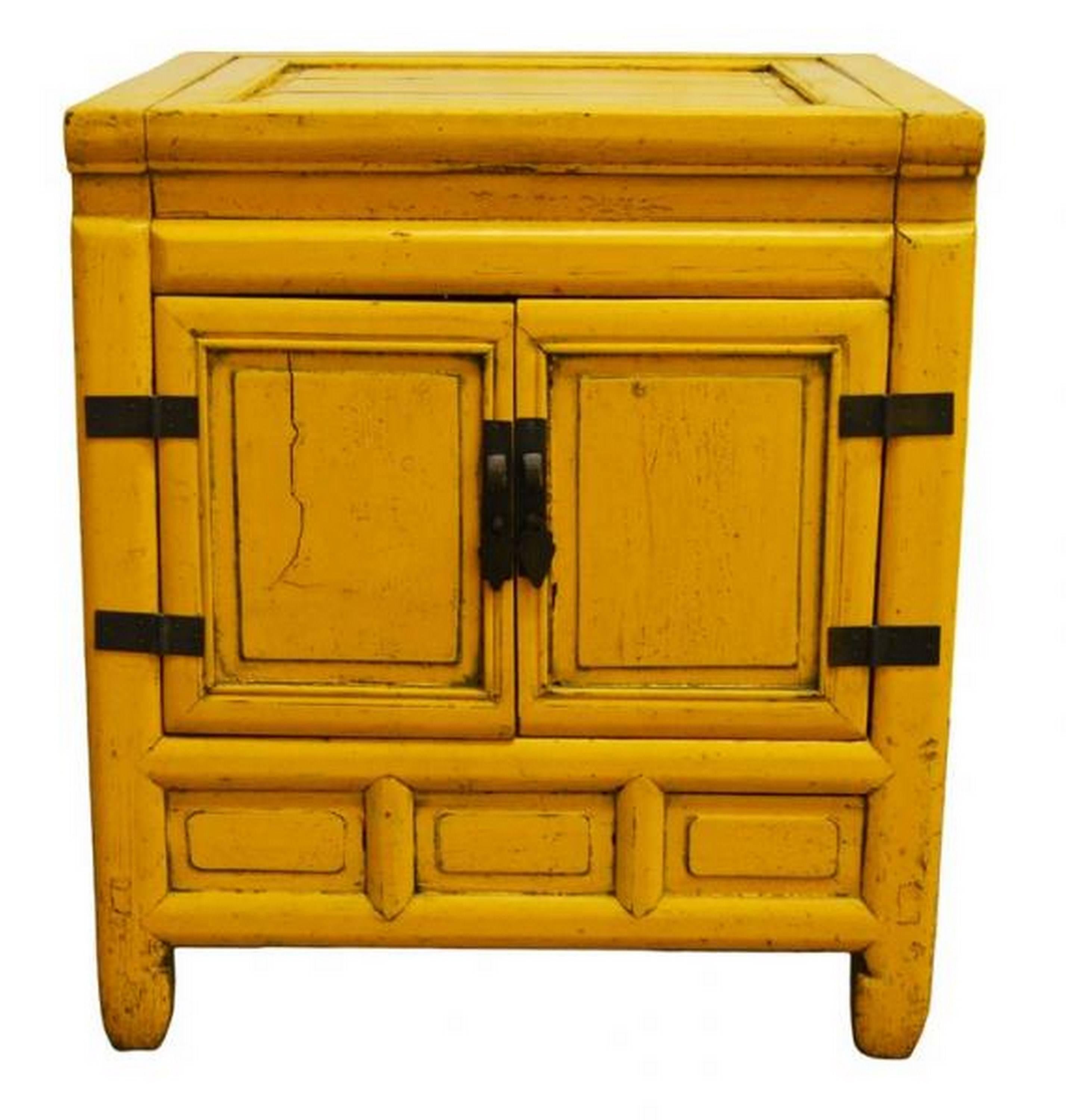 19th Century Chinese Yellow Lacquer Cabinet with Brass Hardware and Hinged Top In Good Condition In Yonkers, NY