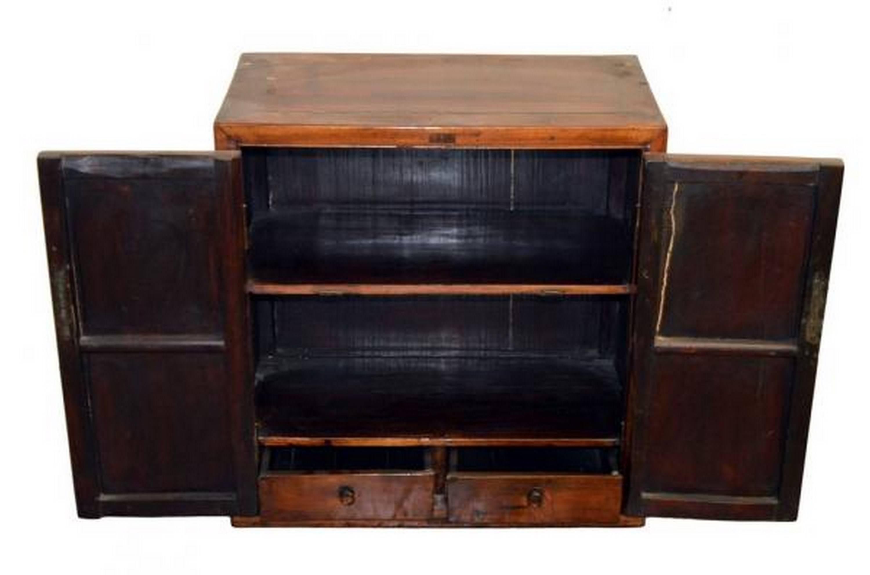 Chinese Antique Brown Lacquer Side Cabinet with Brass Hardware from China, 19th Century