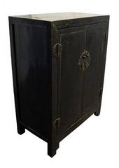 Antique Black Lacquer Side Cabinet with Brass Hardware from 19th Century China