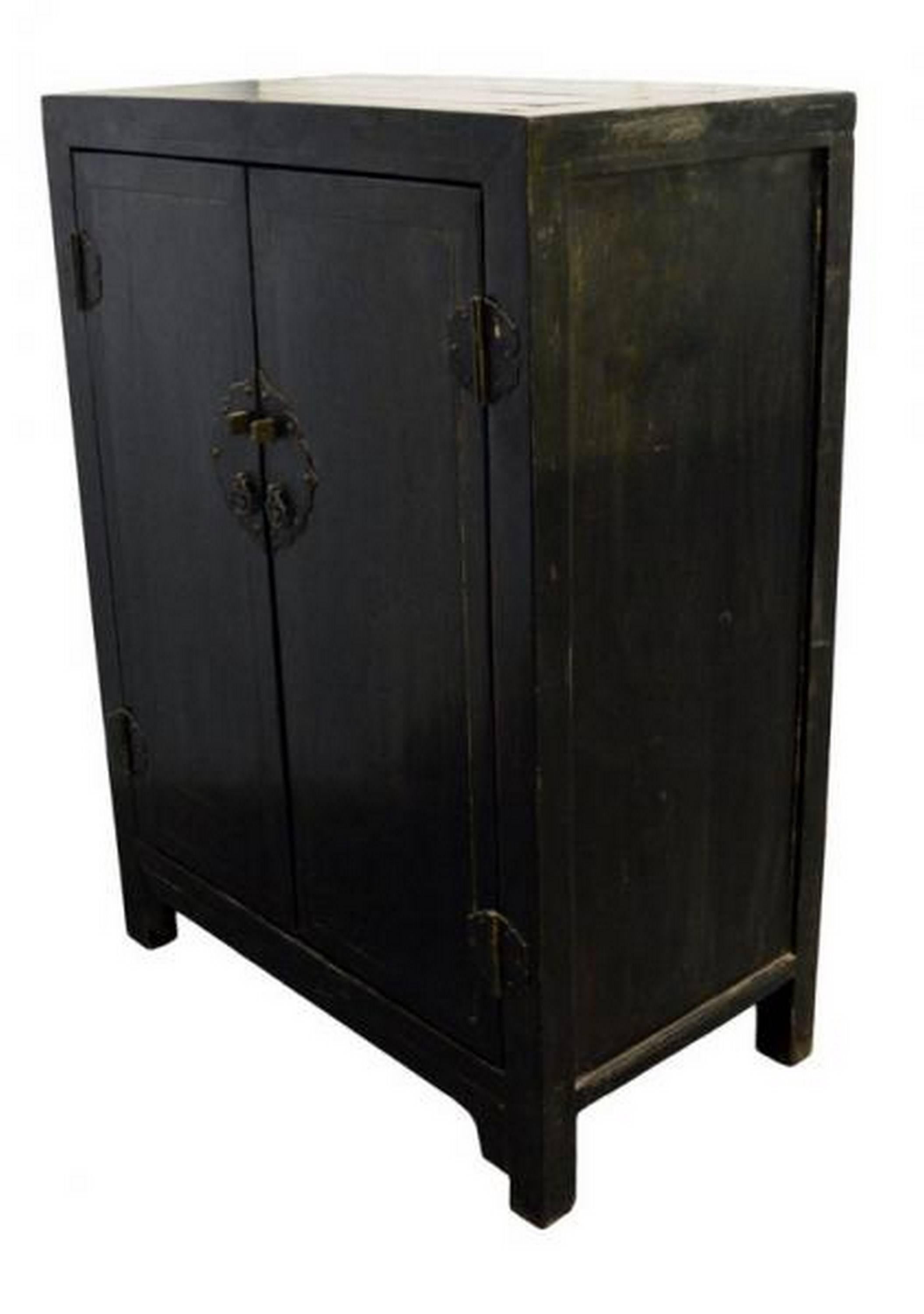 Chinese Antique Black Lacquer Side Cabinet with Brass Hardware from 19th Century China